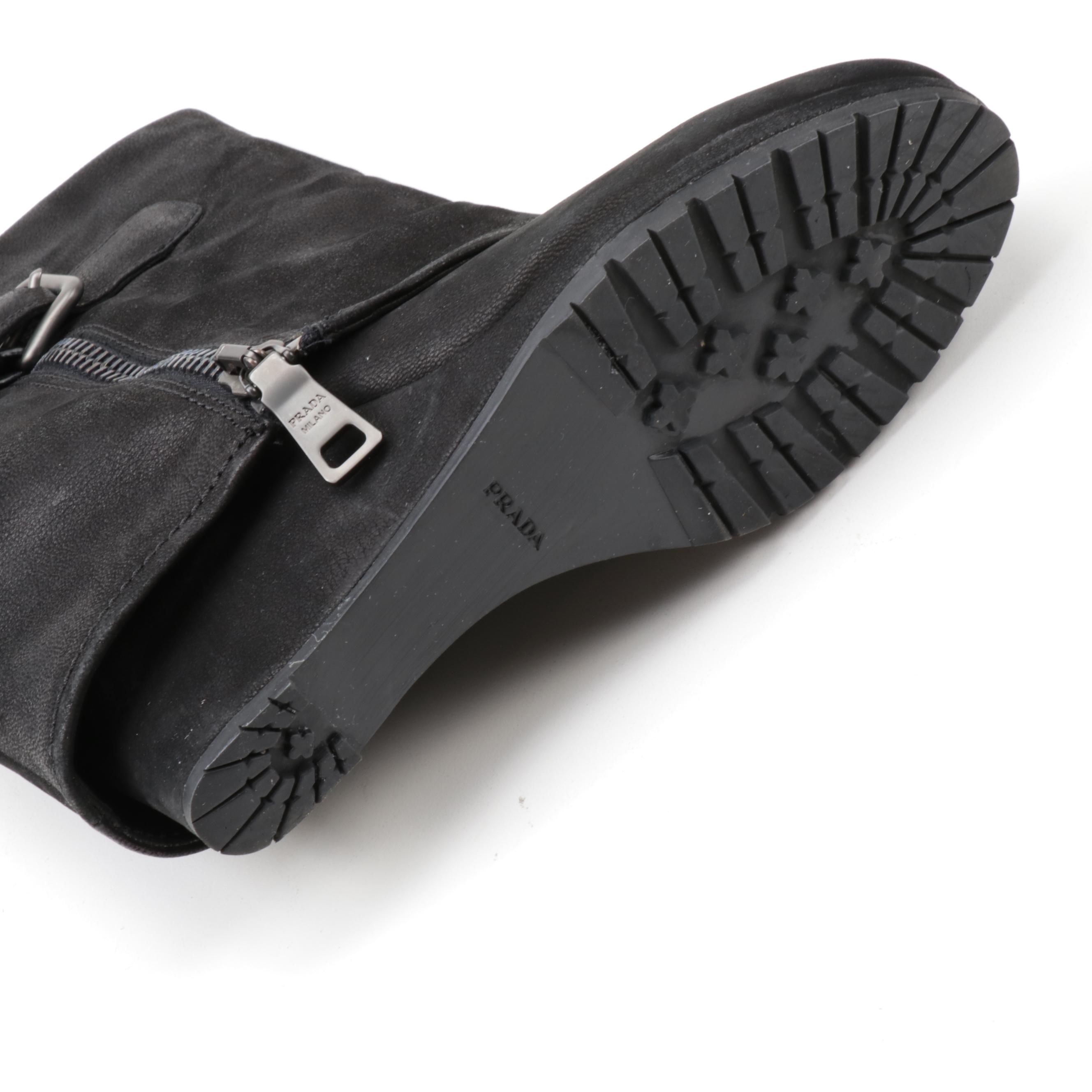 Prada Black Nubuck Leather Fold-Over Wedge Boots