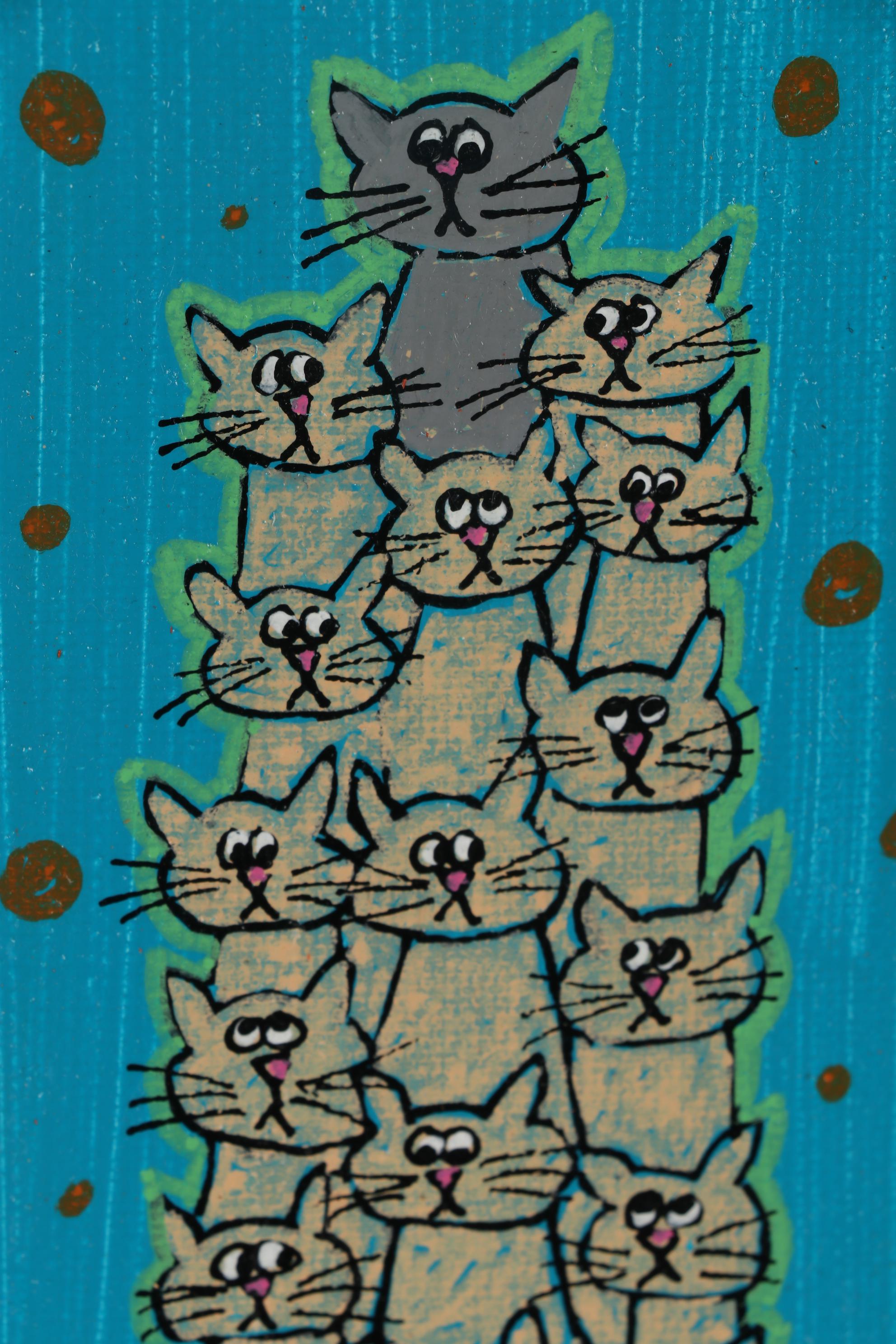 Laura Ortiz Folk Art Acrylic Painting "Gathering of Cats"