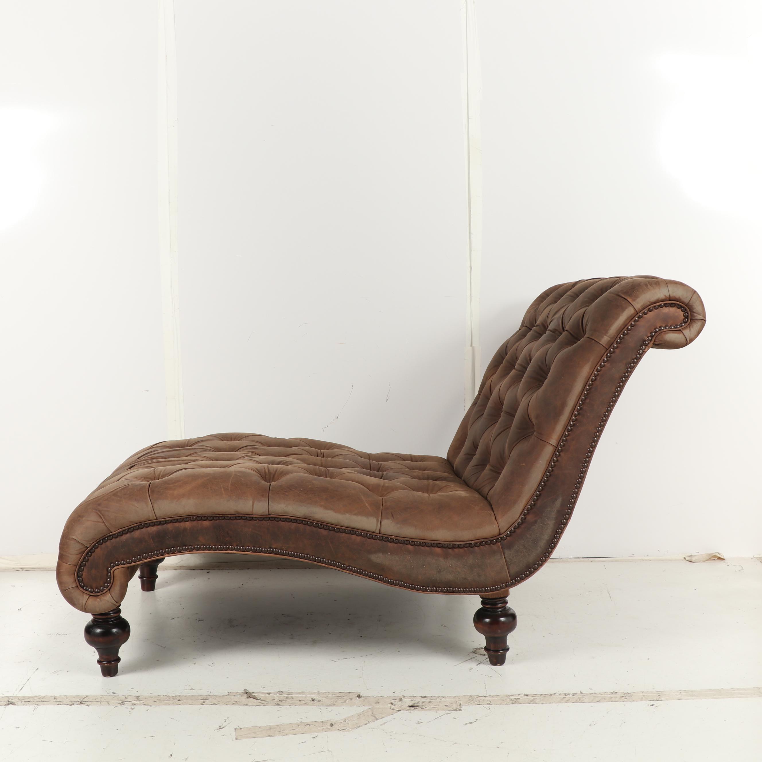 Contemporary Brown Leather Button-Tufted Chaise Lounge