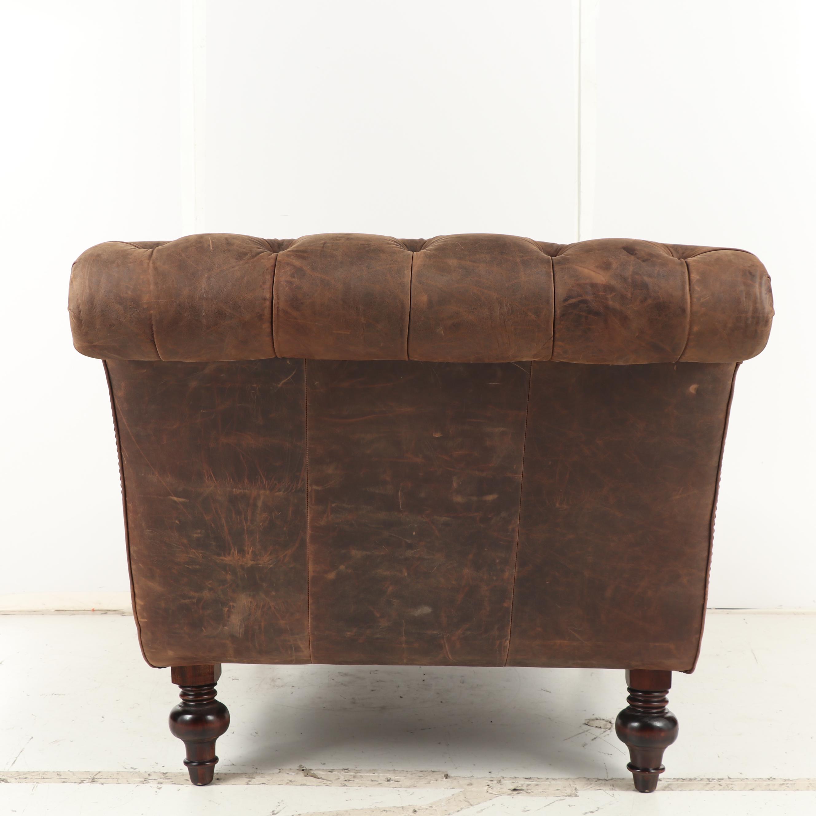 Contemporary Brown Leather Button-Tufted Chaise Lounge