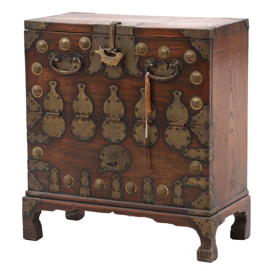 Korean Elm Wood Campaign Style Chest, Early 20th Century