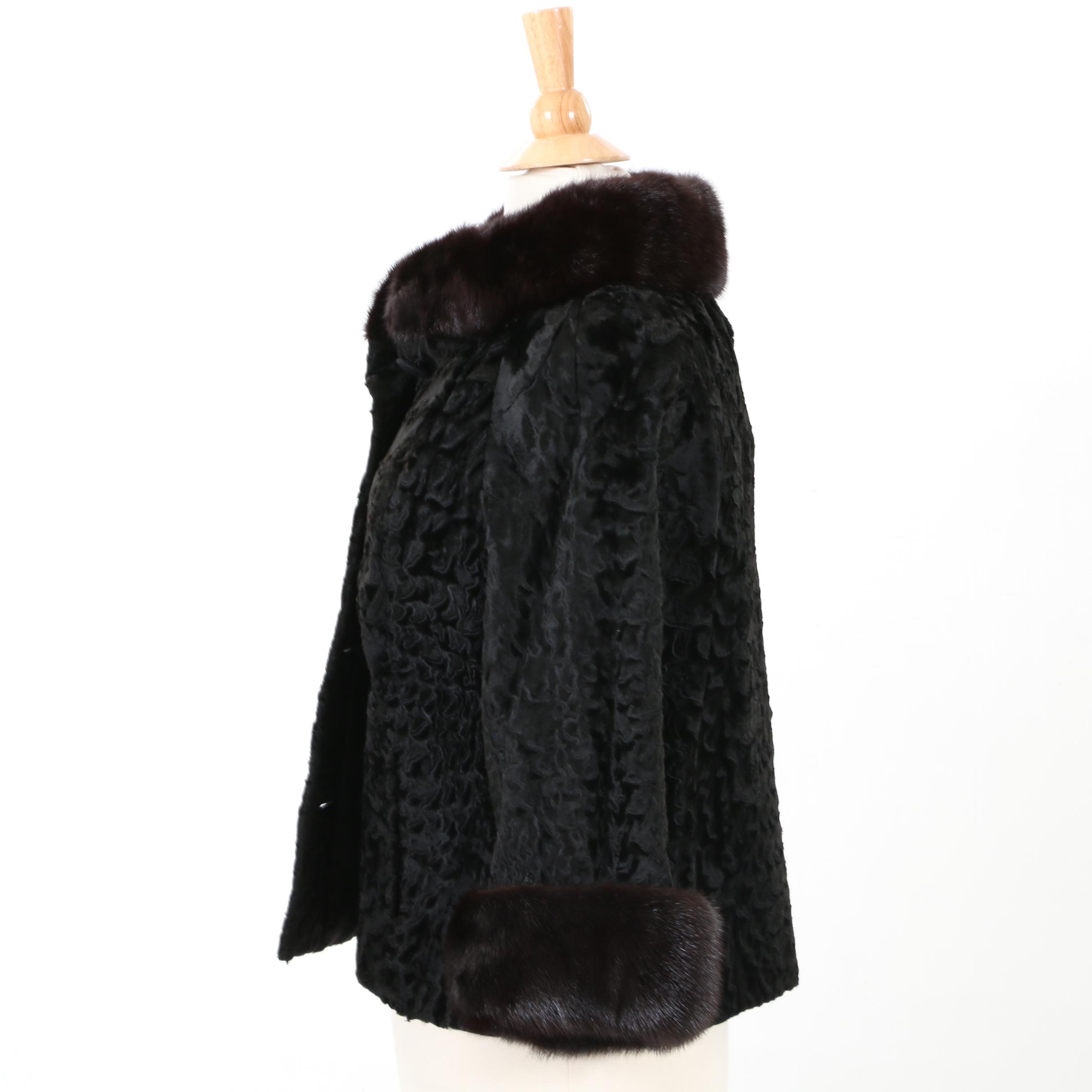 Irving Morris Black Broadtail Lamb Coat with Mink Fur Trim, 1960s Vintage
