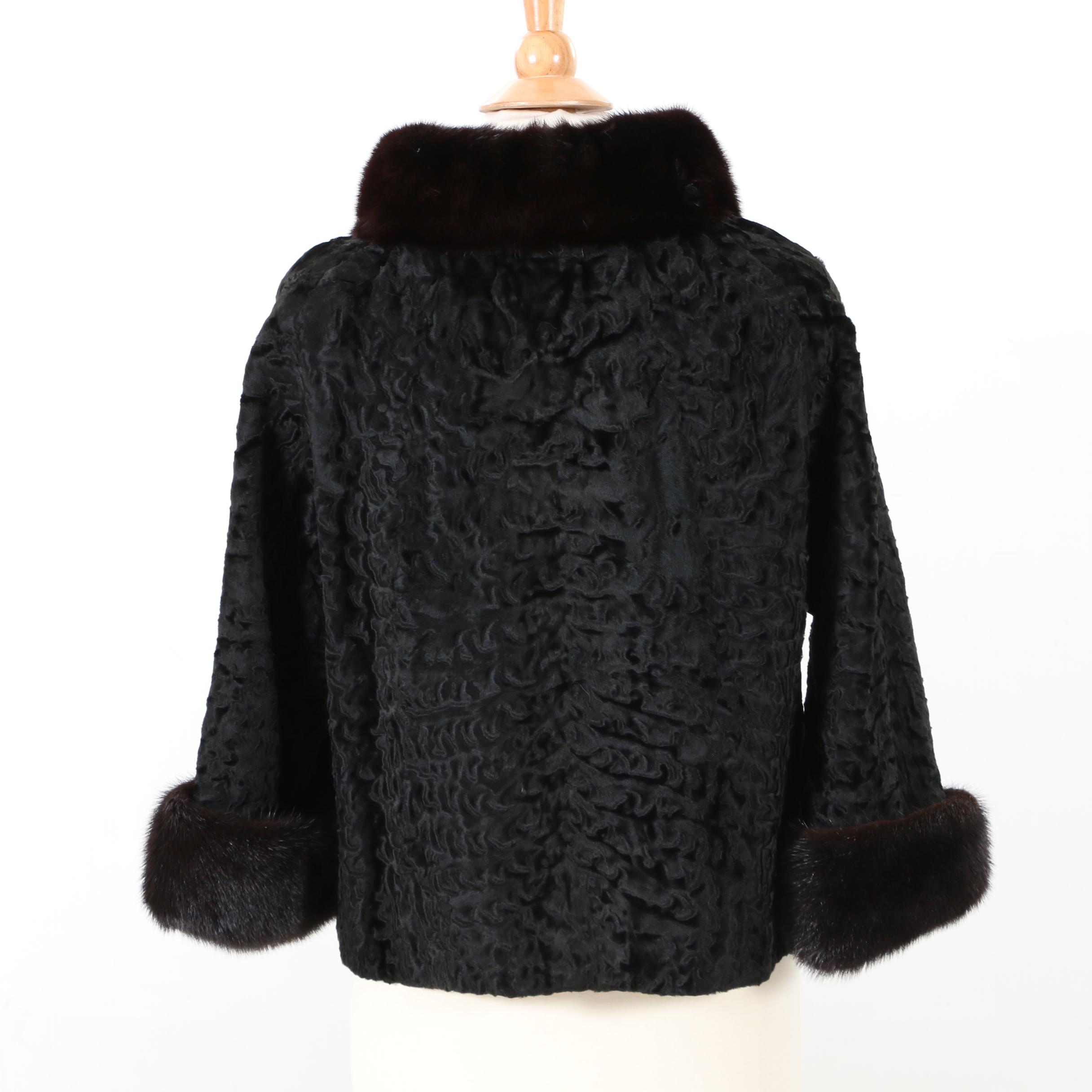 Irving Morris Black Broadtail Lamb Coat with Mink Fur Trim, 1960s Vintage