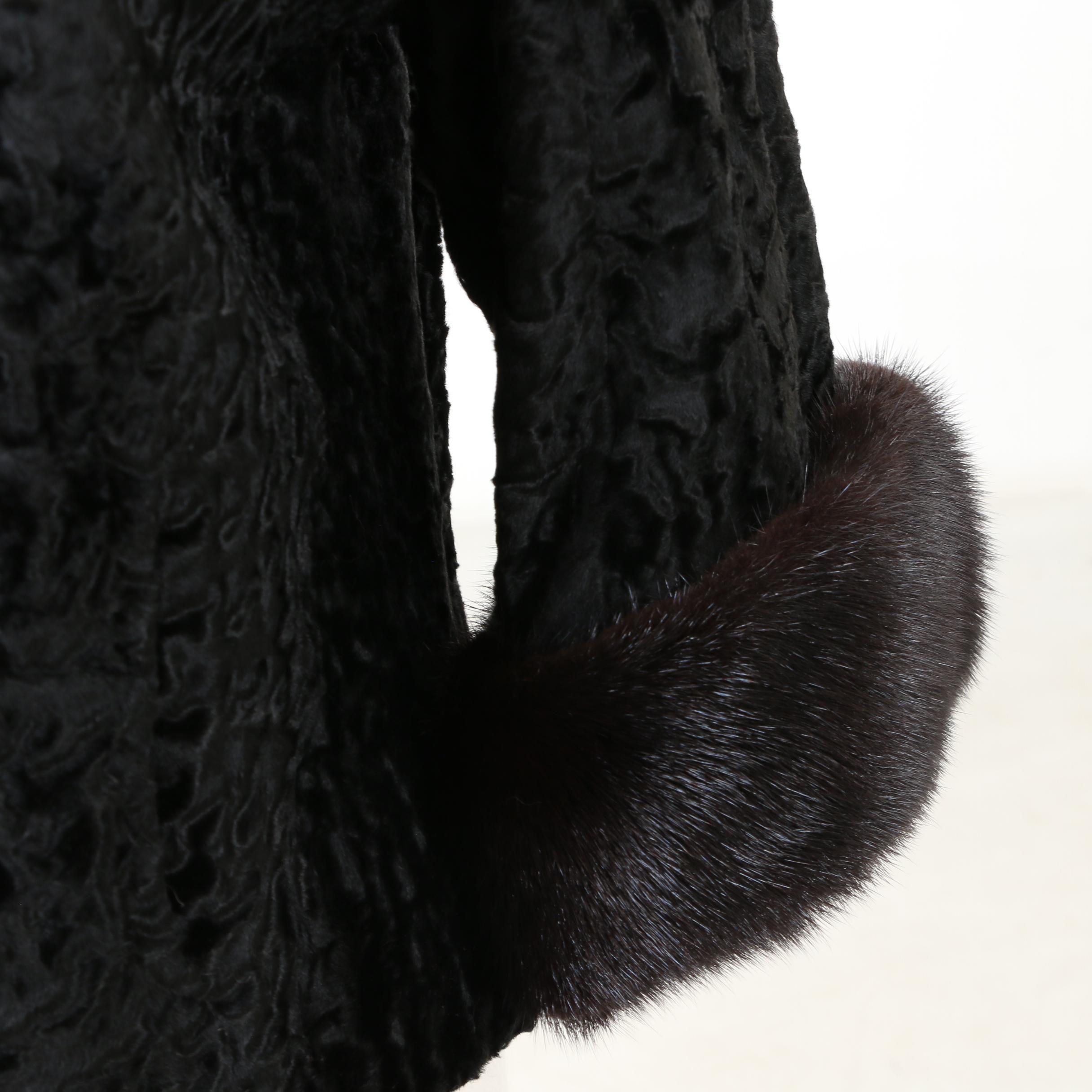 Irving Morris Black Broadtail Lamb Coat with Mink Fur Trim, 1960s Vintage