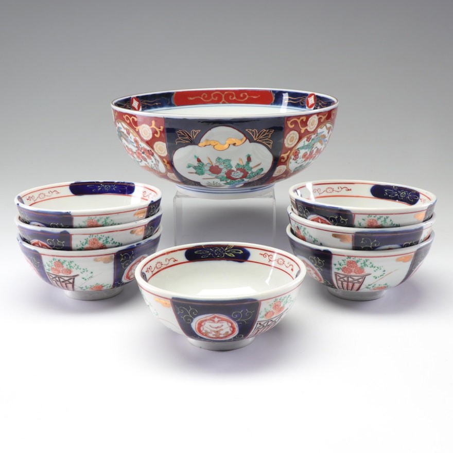 Japanese Ceramic Bowls Featuring Gold Imari Hand-Painted Serving Bowl