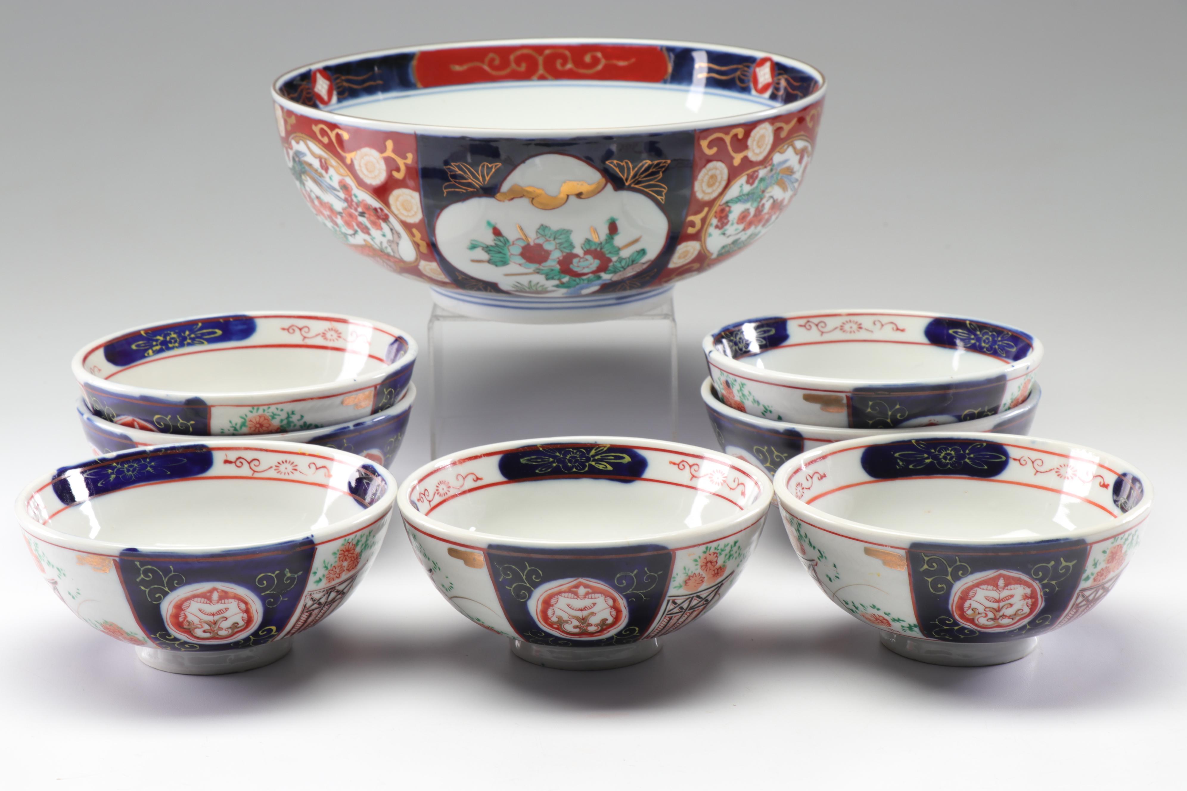 Japanese Ceramic Bowls Featuring Gold Imari Hand-Painted Serving Bowl