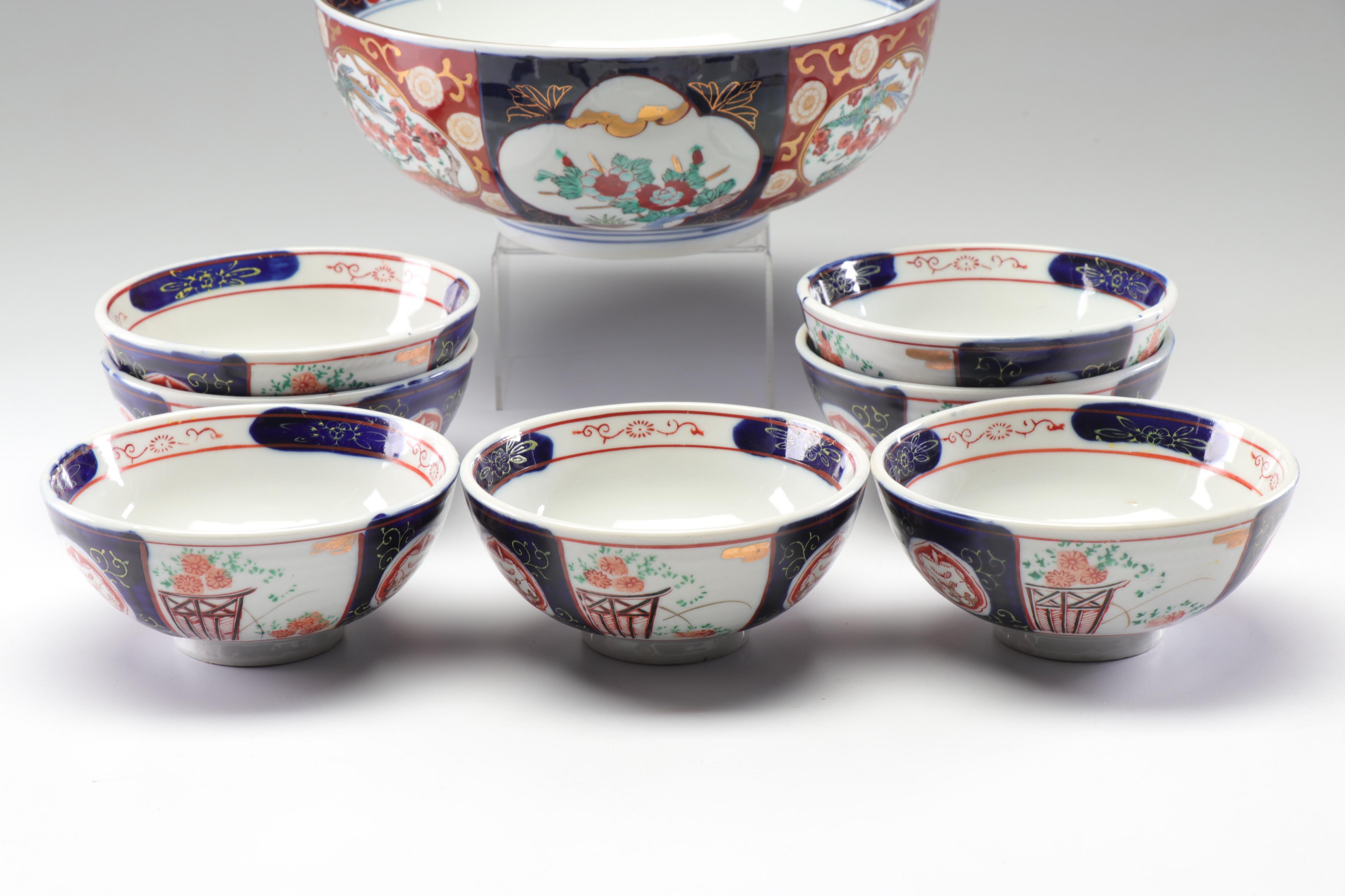 Japanese Ceramic Bowls Featuring Gold Imari Hand-Painted Serving Bowl