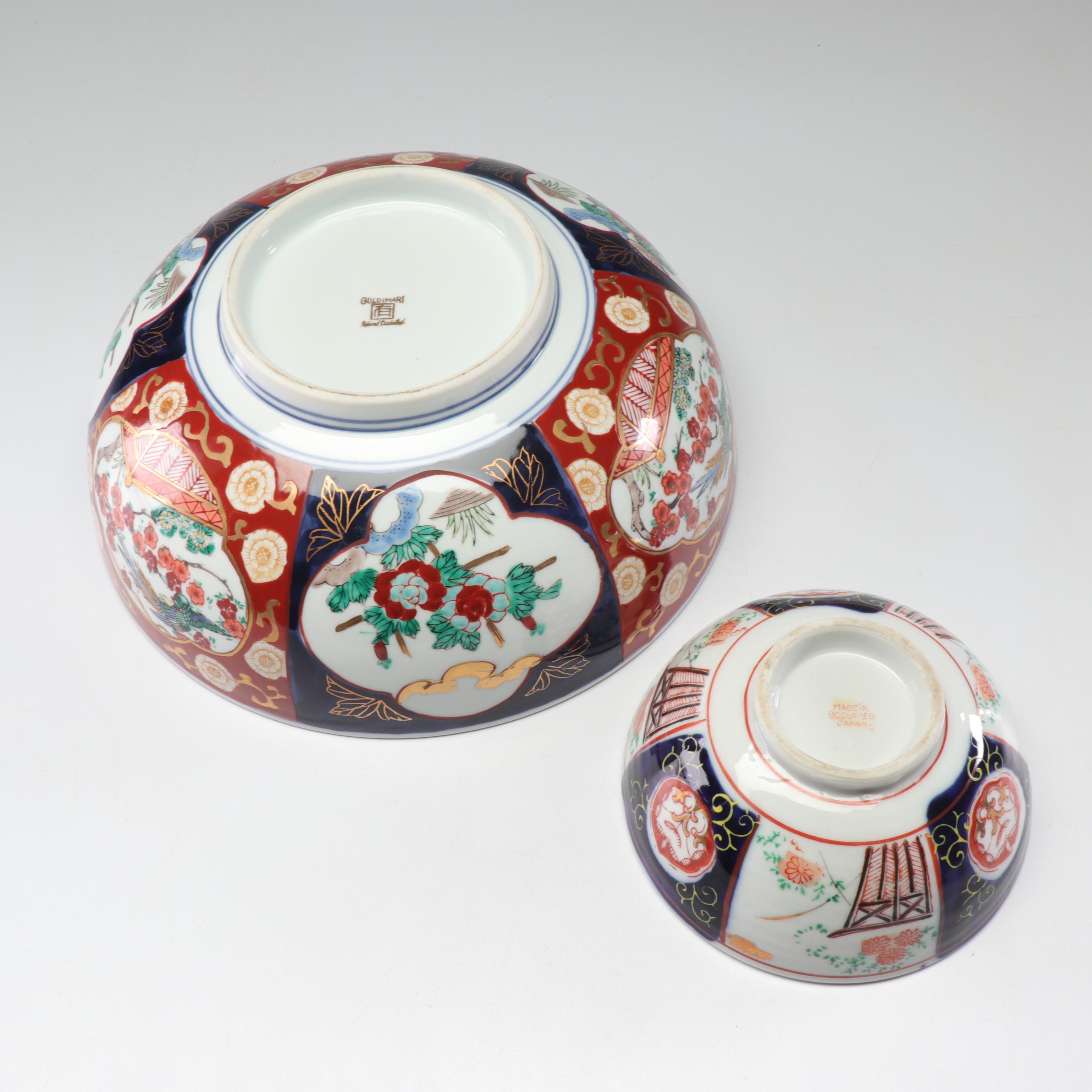 Japanese Ceramic Bowls Featuring Gold Imari Hand-Painted Serving Bowl