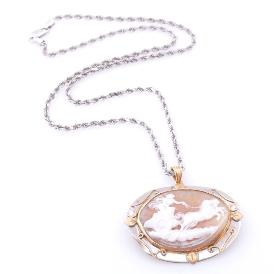 14K White and Yellow Gold Shell Cameo Necklace, Vintage