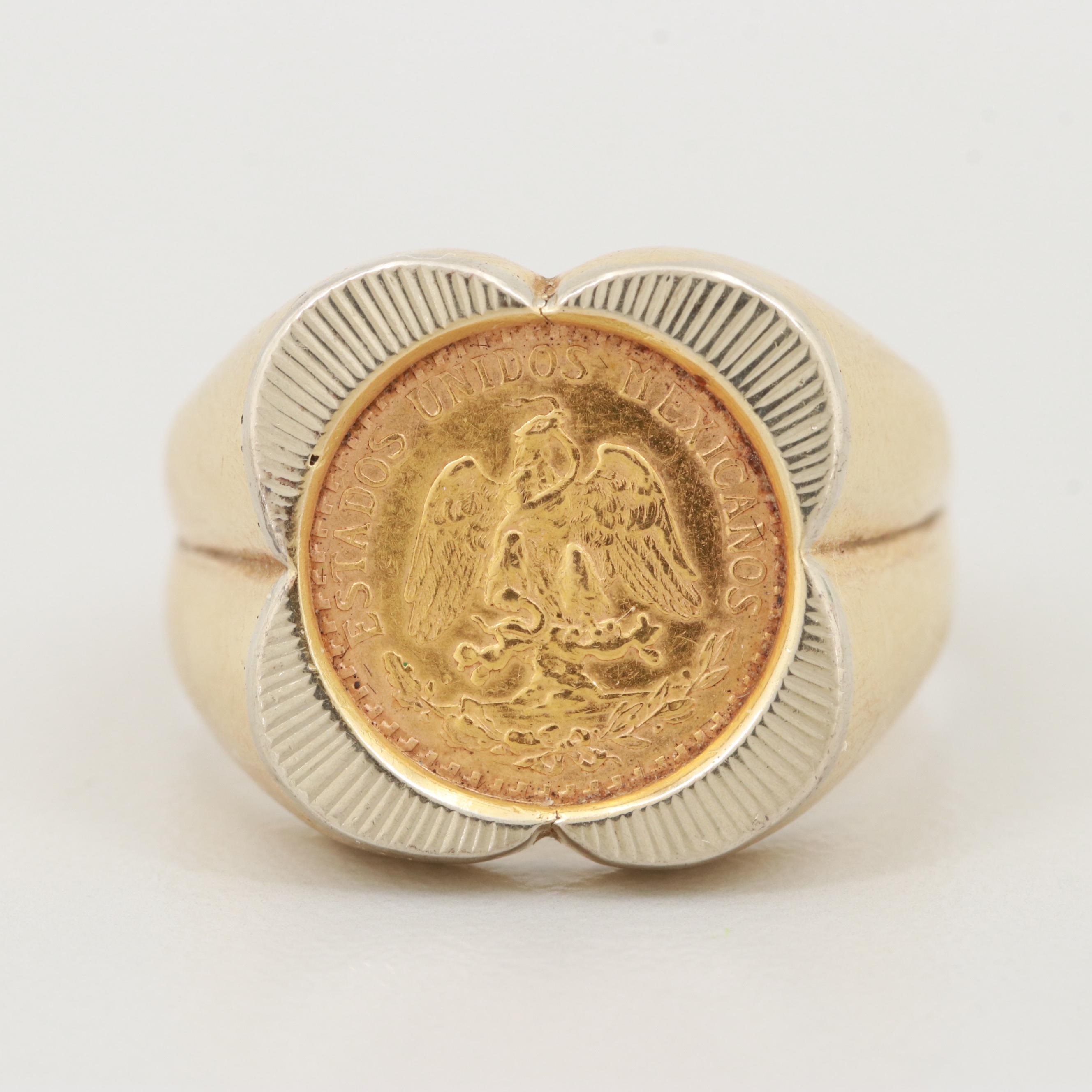 18K Yellow and White Gold Ring with 1945 Mexican Two Pesos Gold Coin