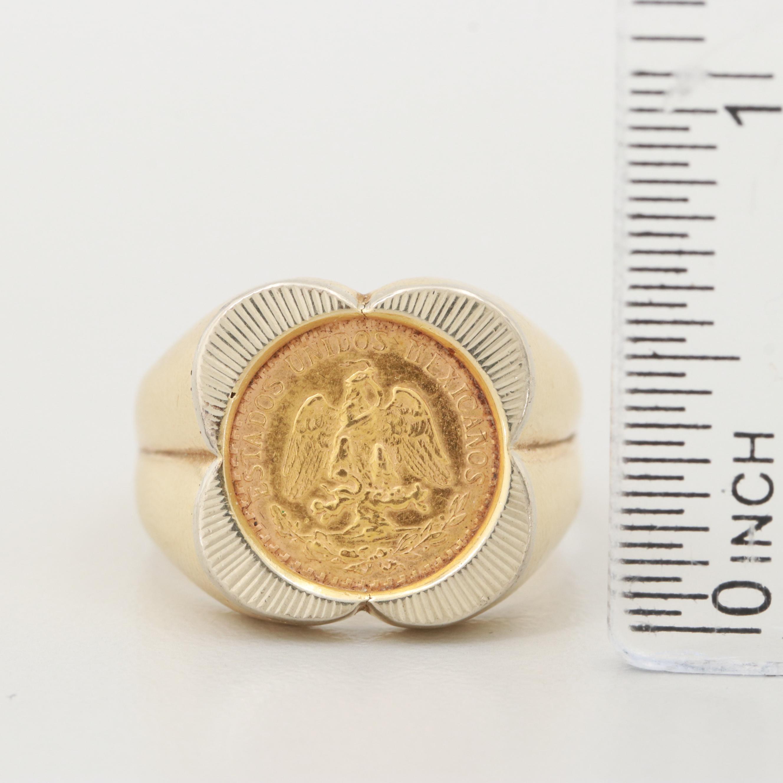 18K Yellow and White Gold Ring with 1945 Mexican Two Pesos Gold Coin