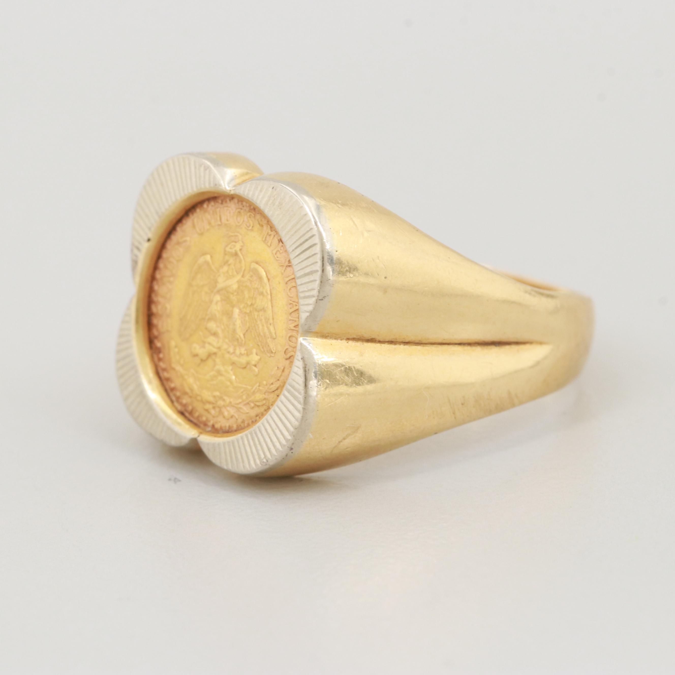 18K Yellow and White Gold Ring with 1945 Mexican Two Pesos Gold Coin