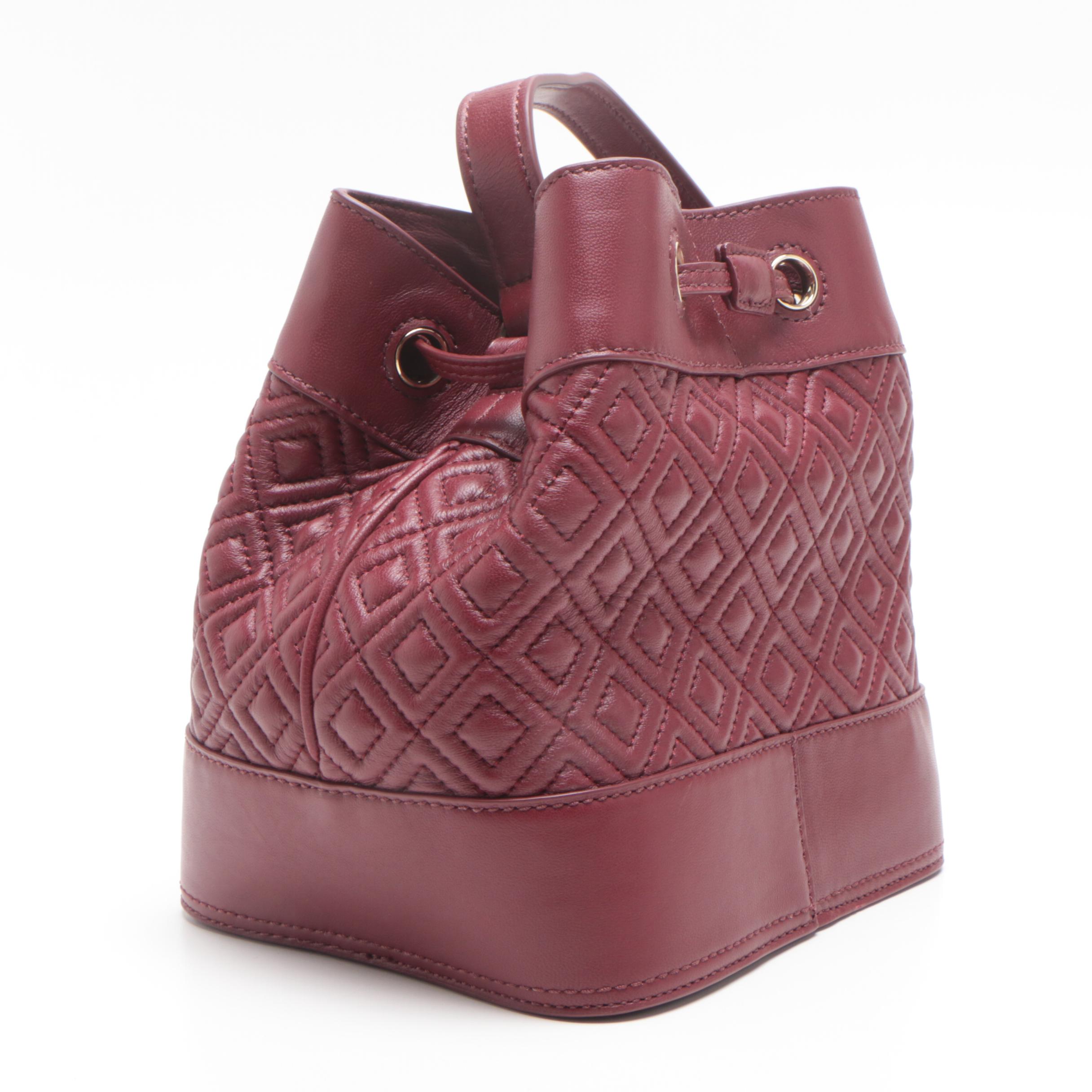 Tory Burch Fleming Garnet Leather Mini Bucket Bag