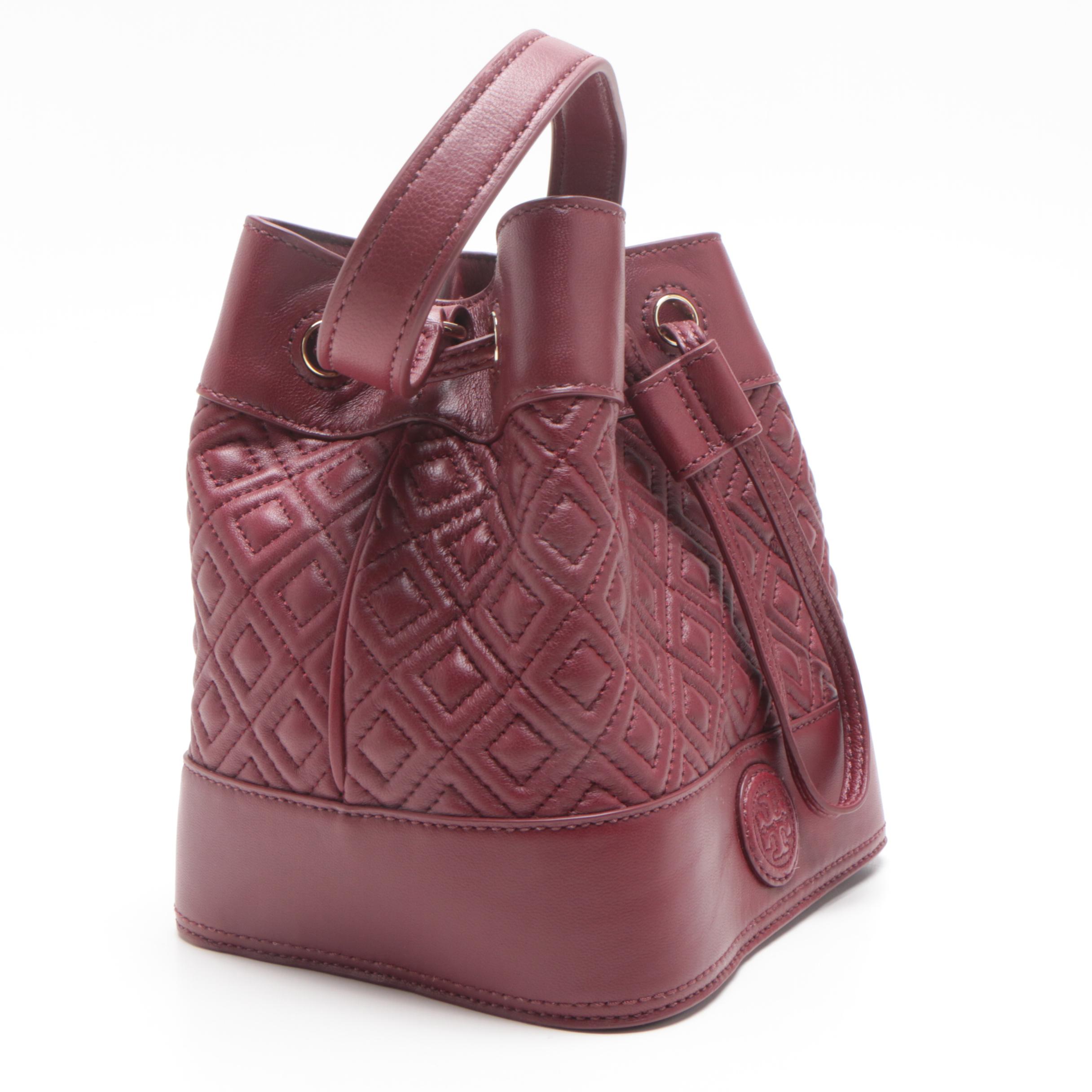 Tory Burch Fleming Garnet Leather Mini Bucket Bag