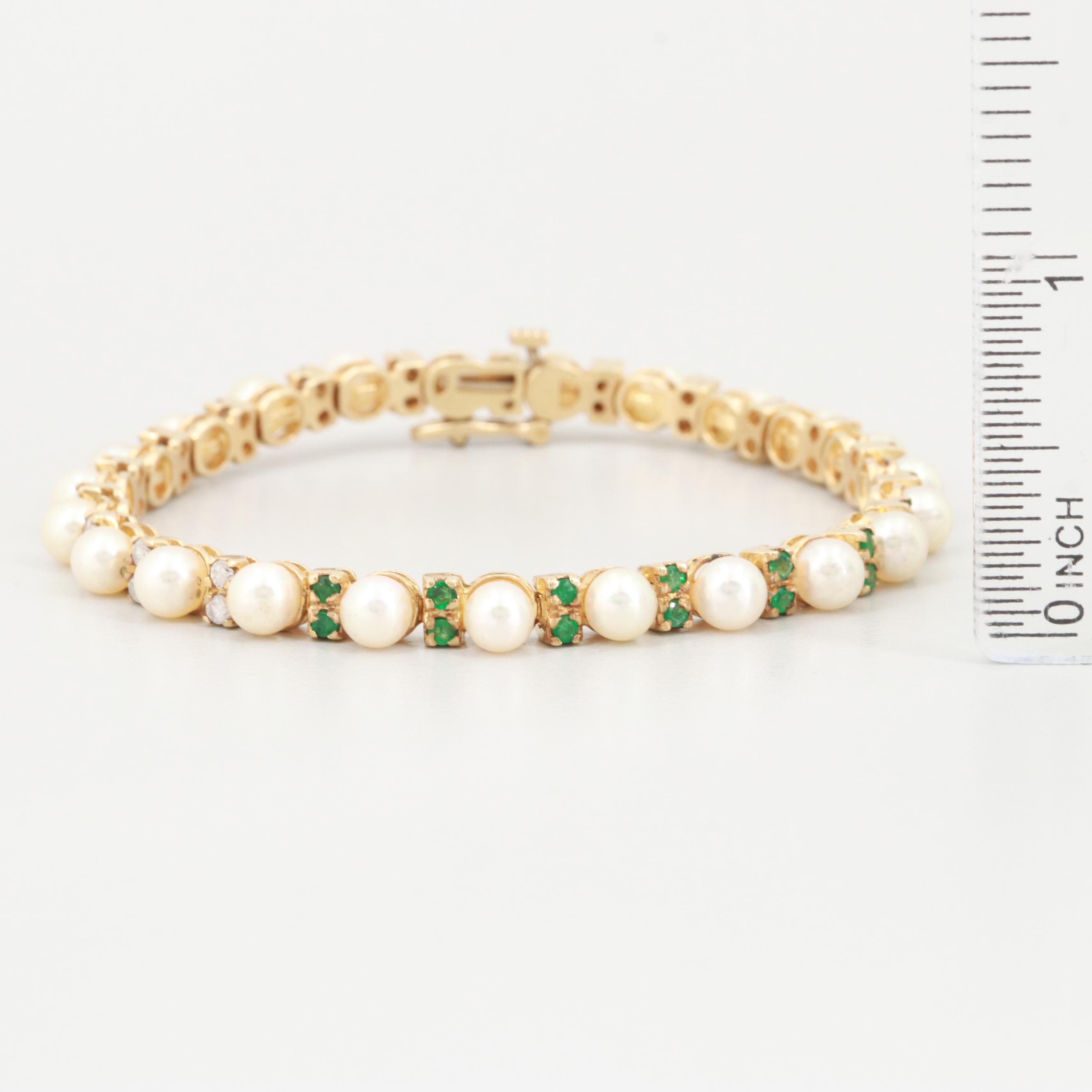 14K Yellow Gold Cultured Pearl, Diamond and Emerald Bracelet