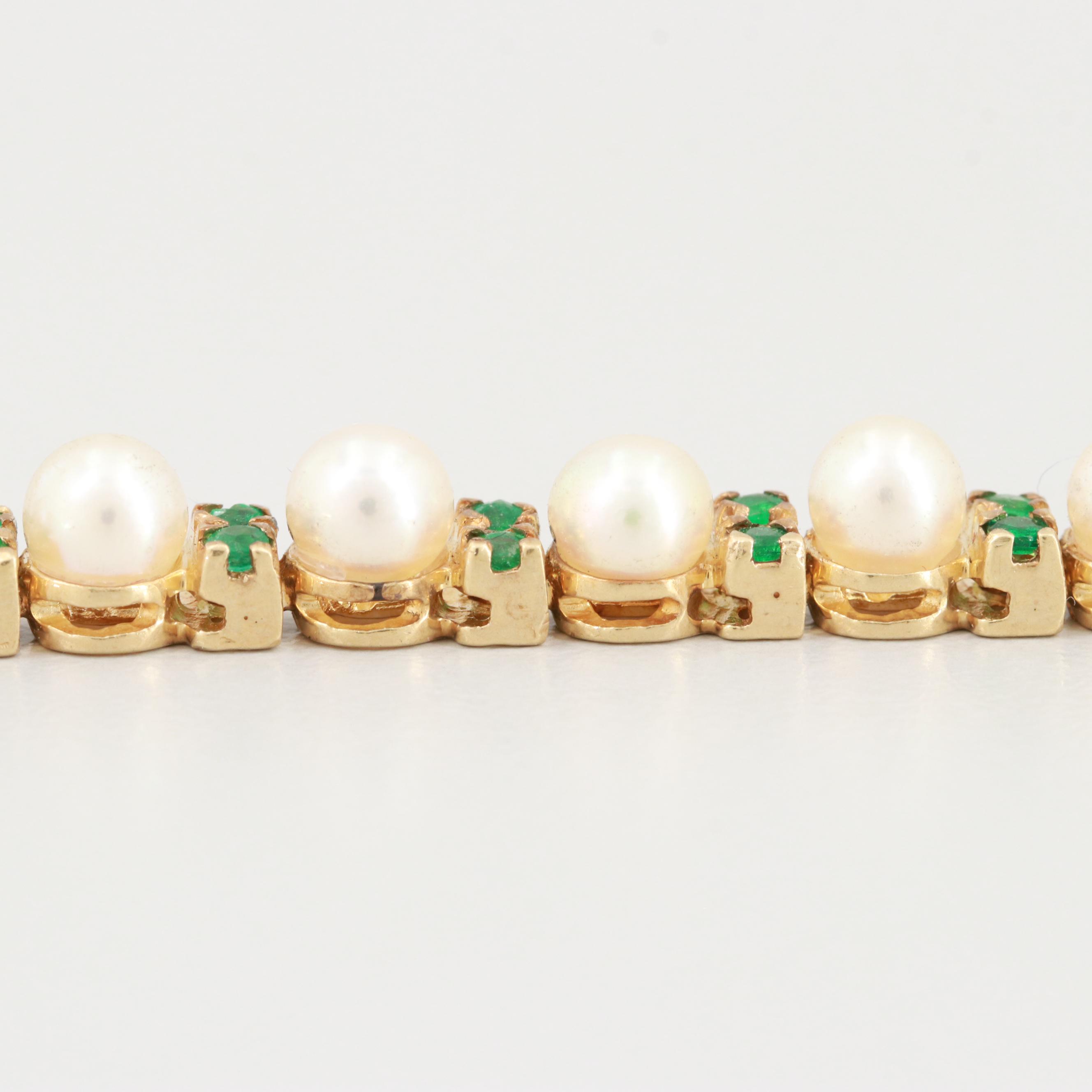 14K Yellow Gold Cultured Pearl, Diamond and Emerald Bracelet