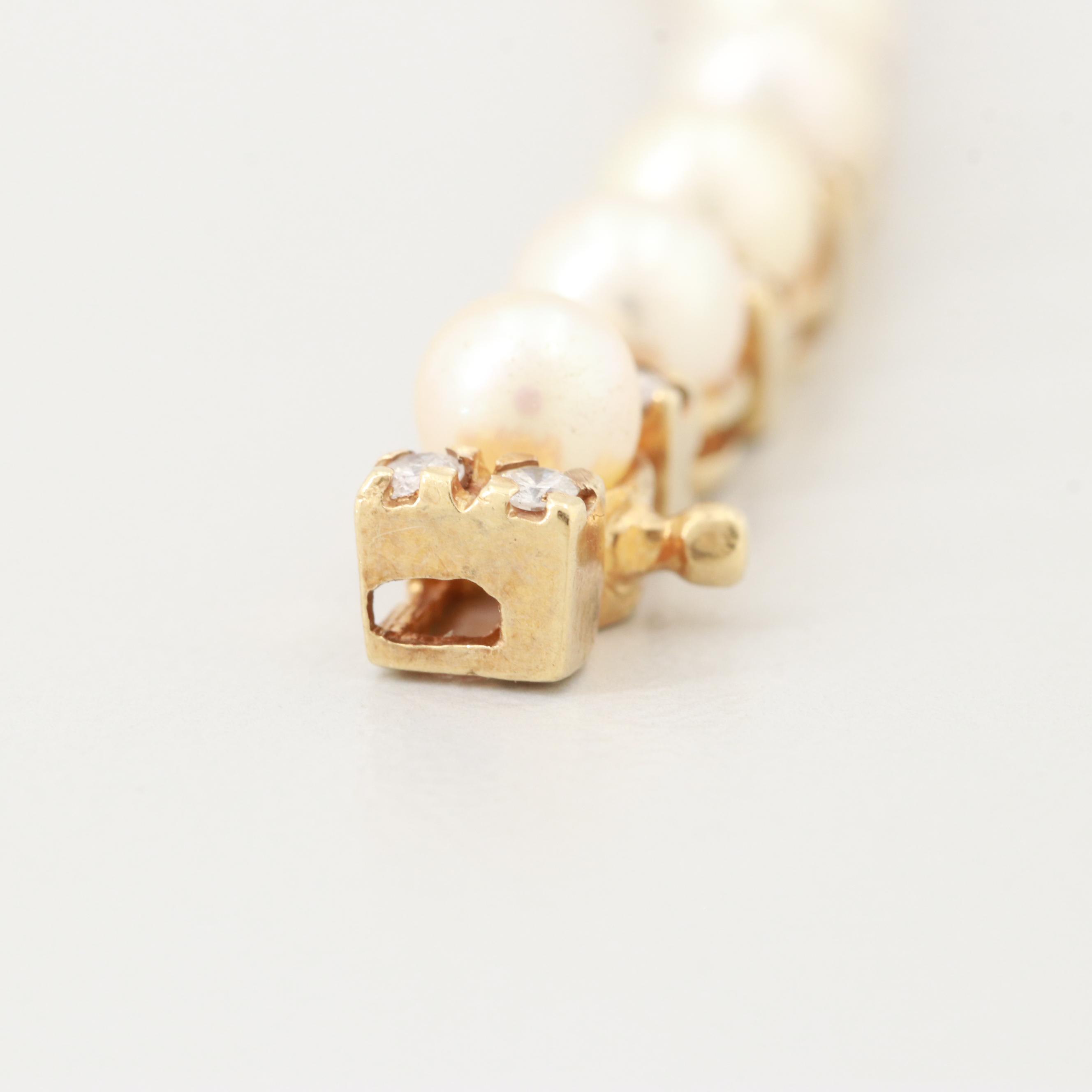 14K Yellow Gold Cultured Pearl, Diamond and Emerald Bracelet