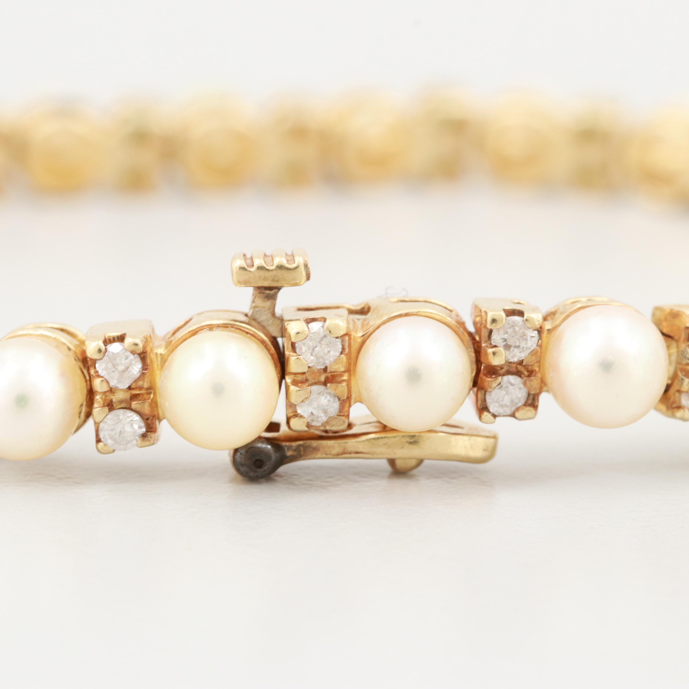 14K Yellow Gold Cultured Pearl, Diamond and Emerald Bracelet
