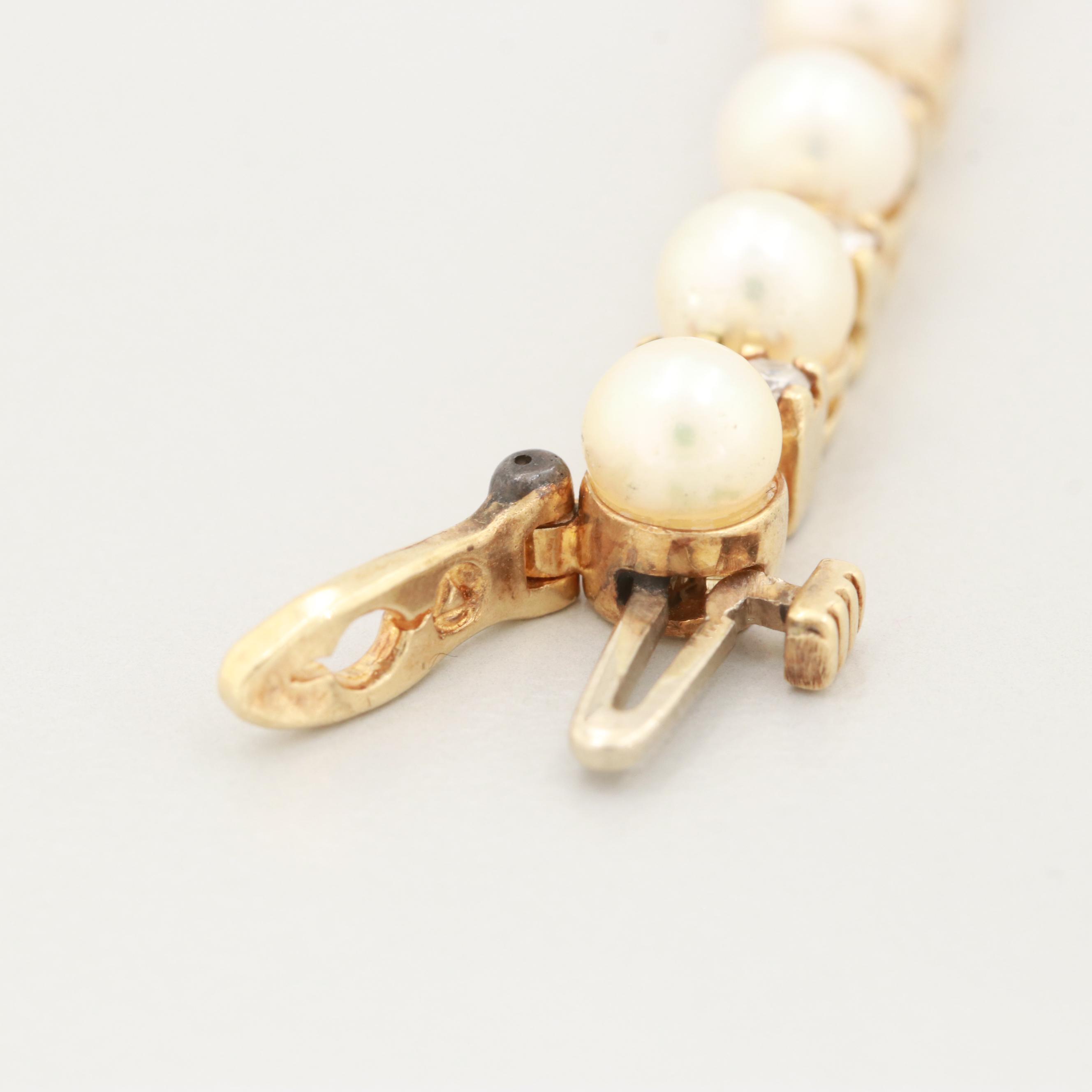 14K Yellow Gold Cultured Pearl, Diamond and Emerald Bracelet