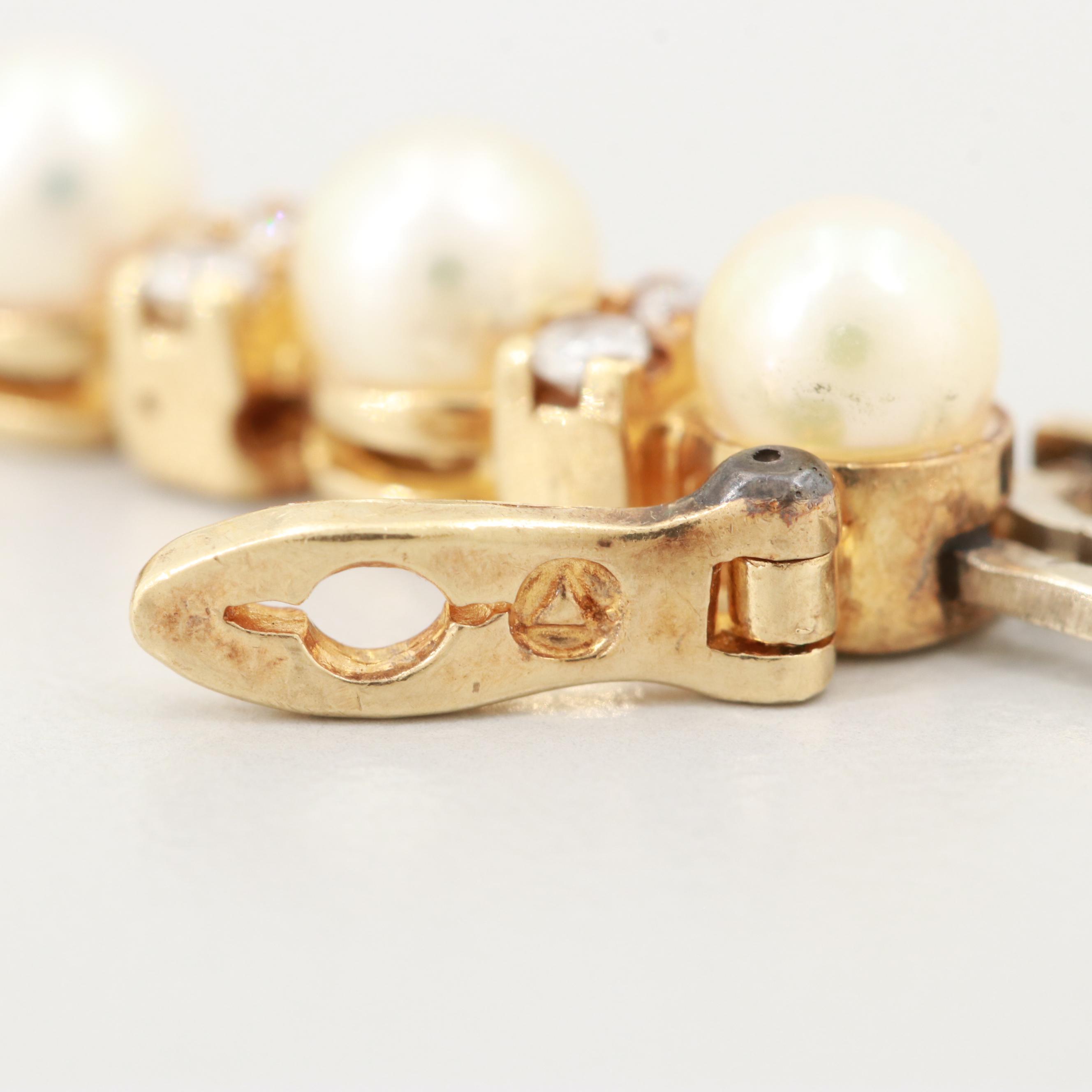 14K Yellow Gold Cultured Pearl, Diamond and Emerald Bracelet