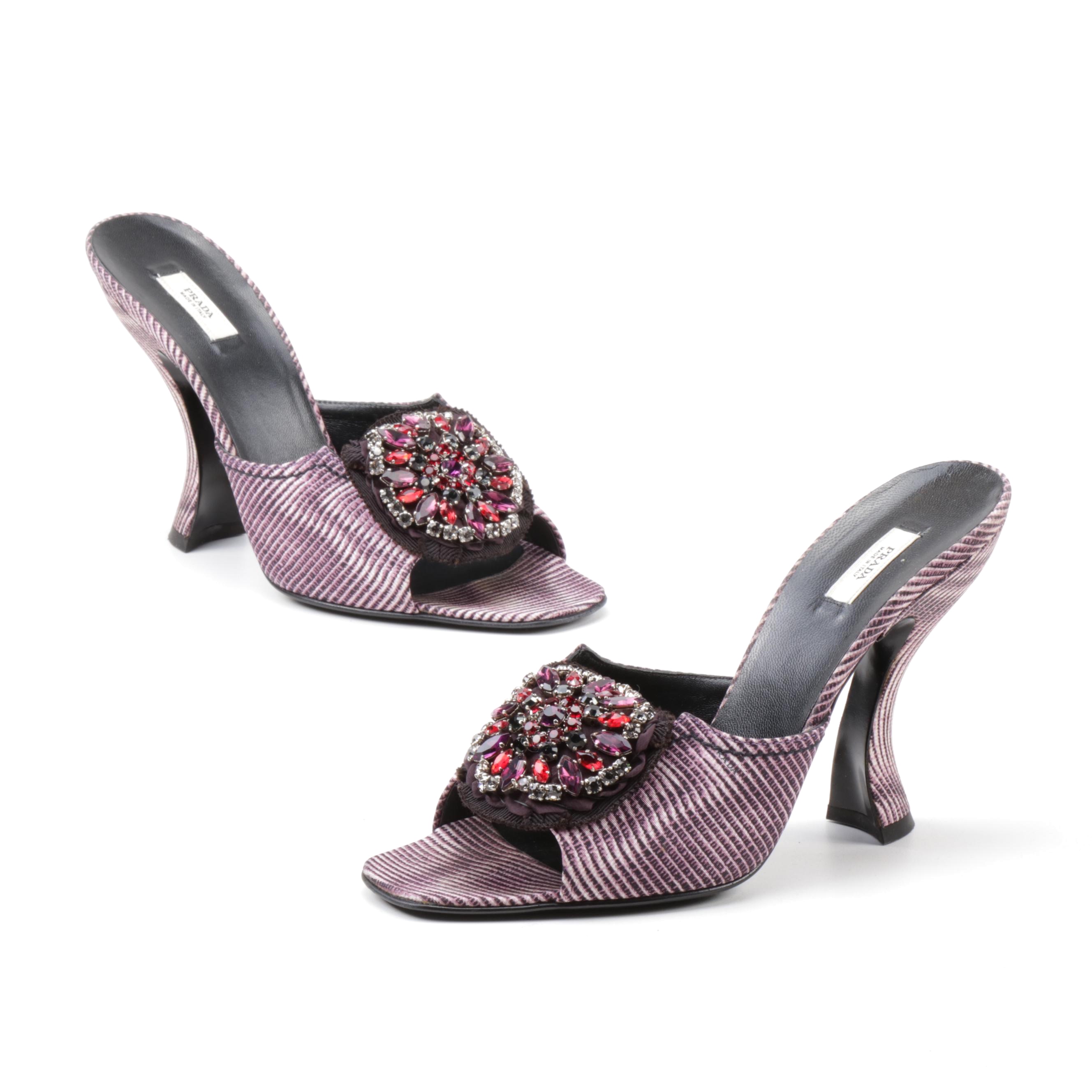 Prada Lilac Faille Digitale Rhinestone Striped Curve Sculpted Heel Slides