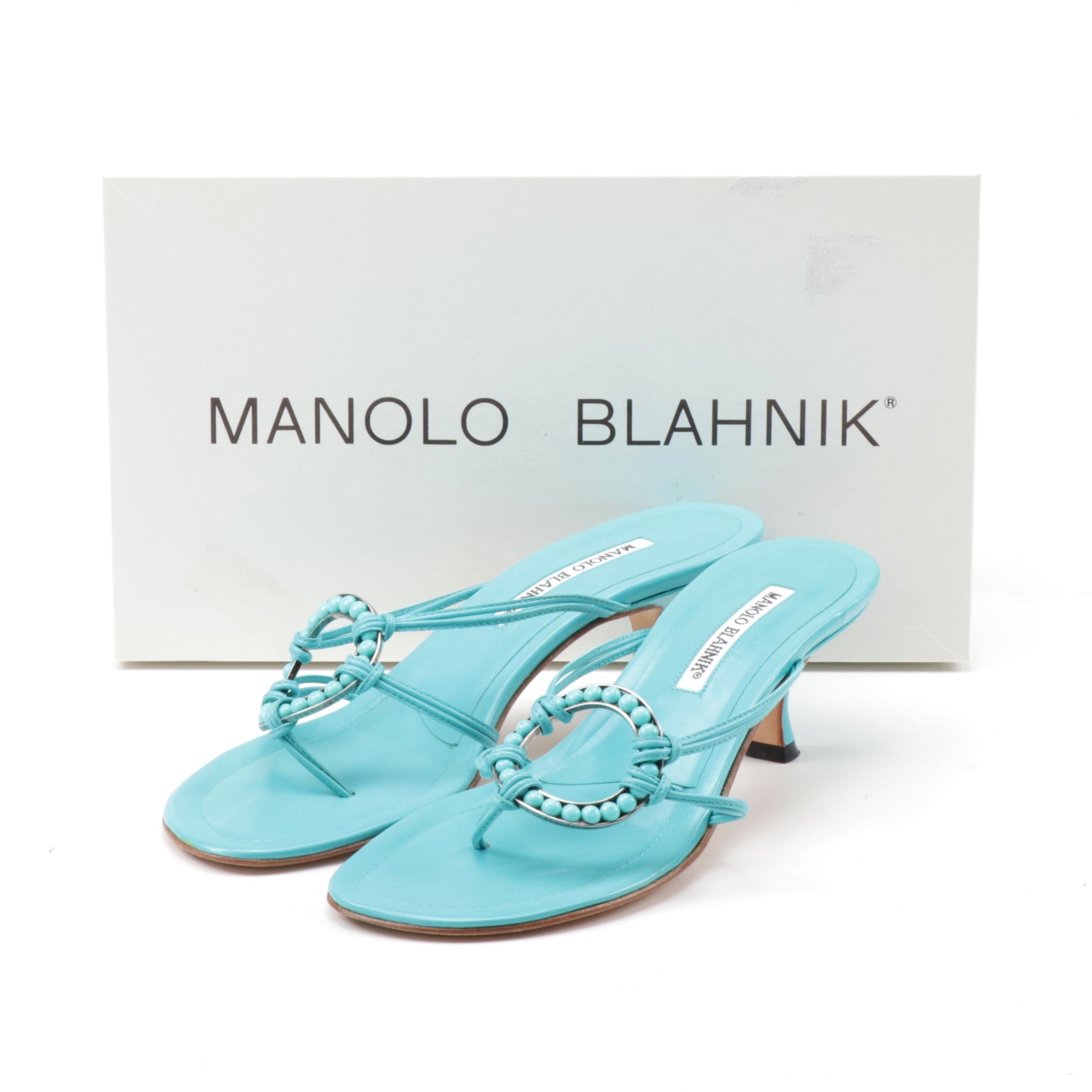 Manolo Blahnik Blue Leather Ring Kitten Heel Sandals