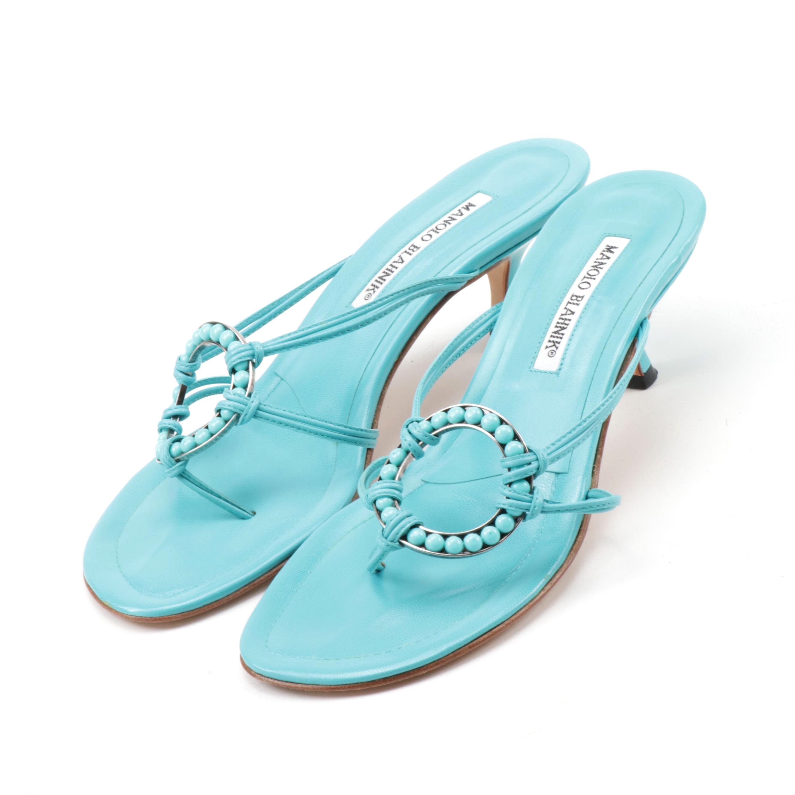 Manolo Blahnik Blue Leather Ring Kitten Heel Sandals