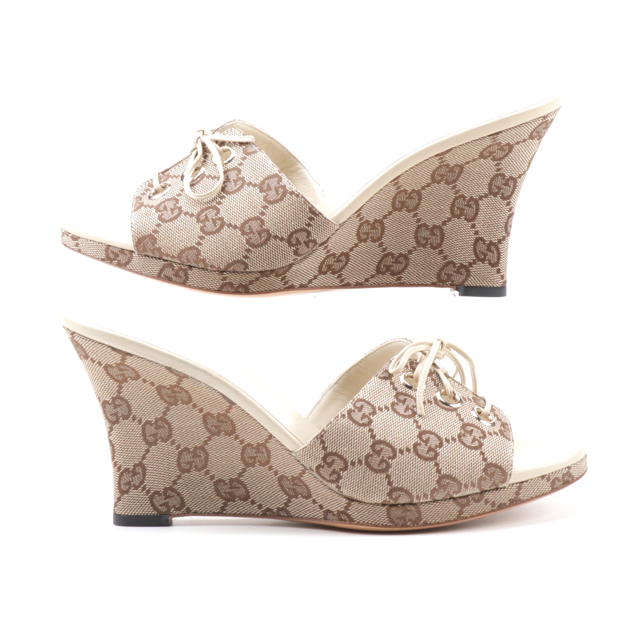 Gucci GG Monogram Canvas Lace-Up Wedge Heeled Sandals