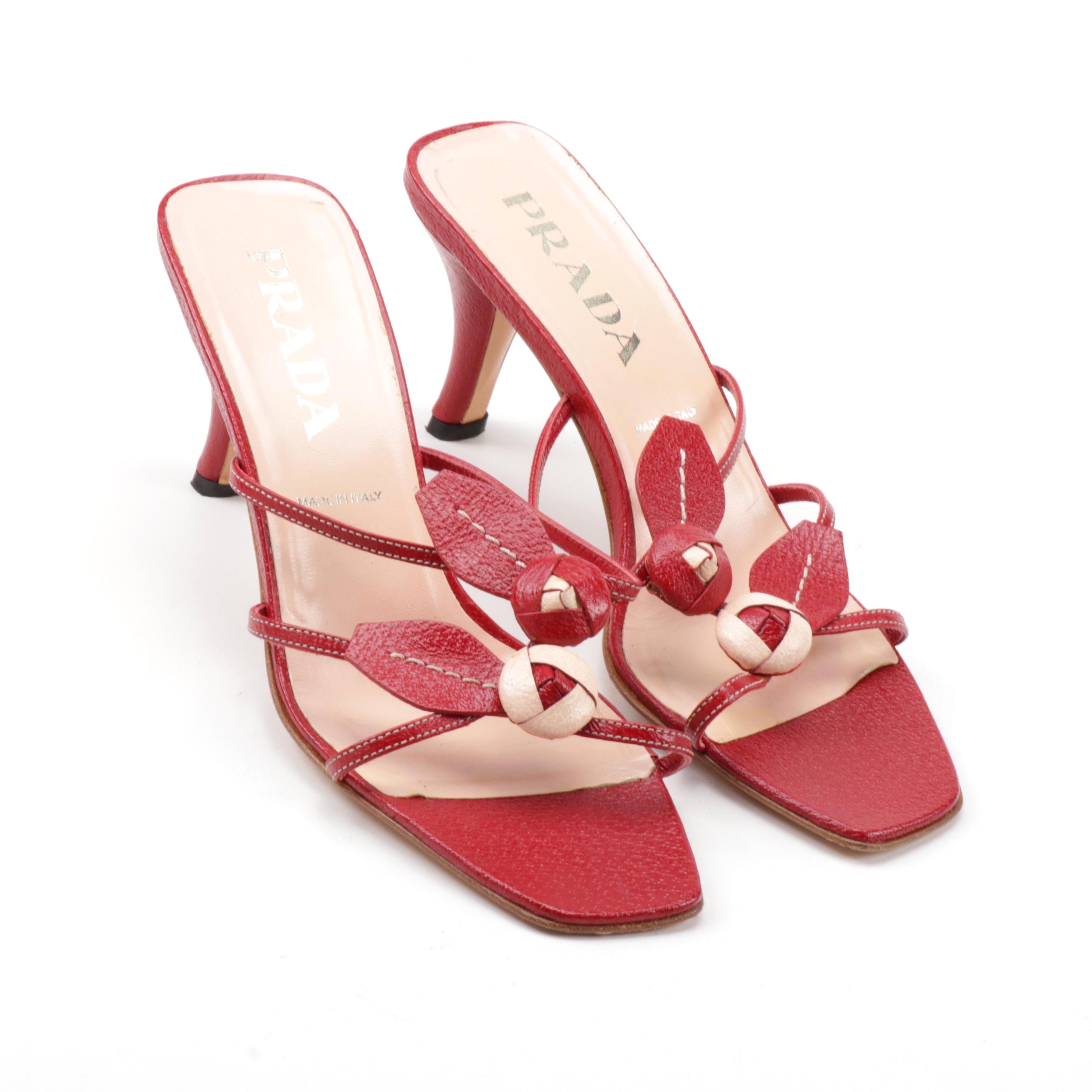 Prada Leather Rosebud Adorned Strappy Heeled Sandals