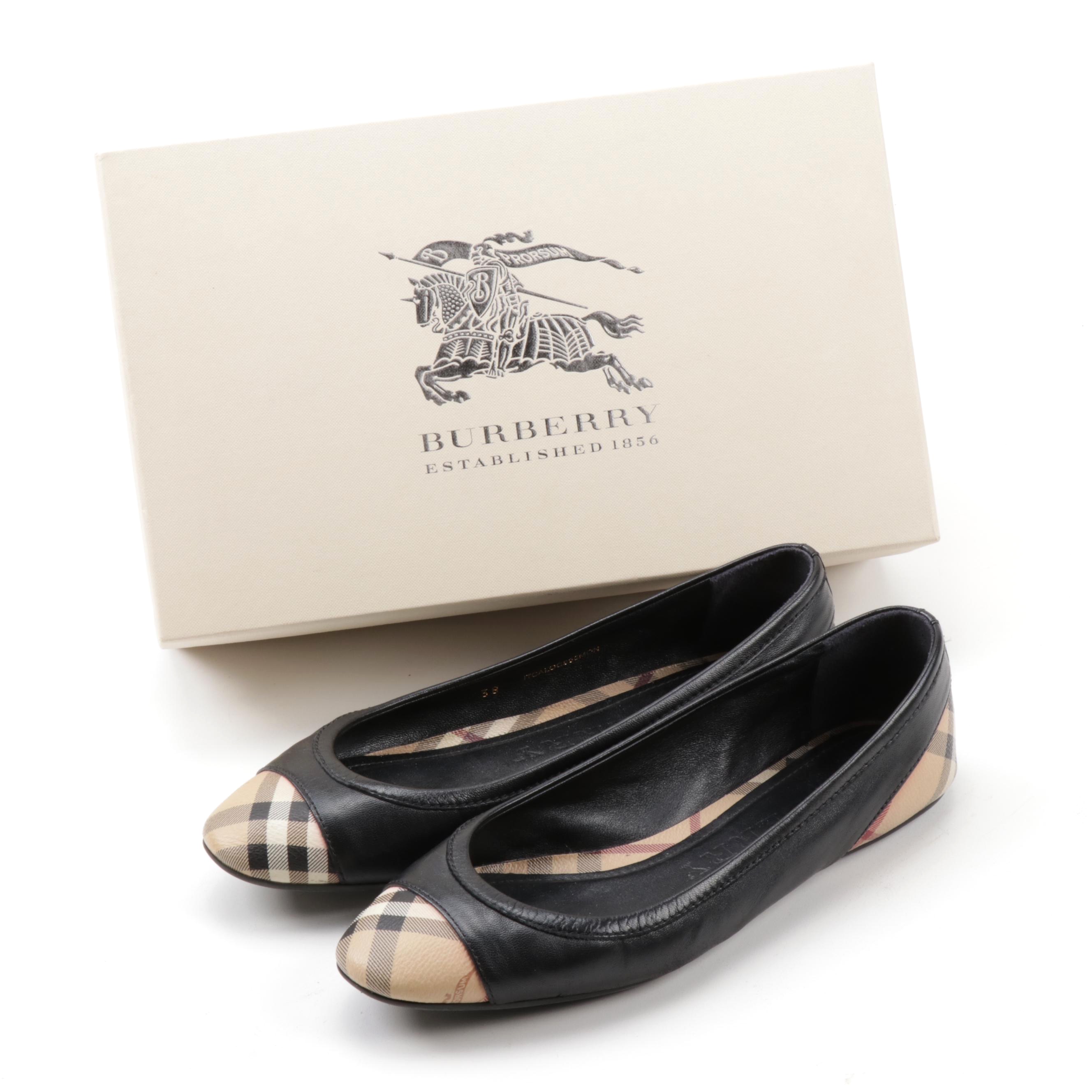 Burberry Highsmith "Haymarket" and Black Leather Ballerina Flats