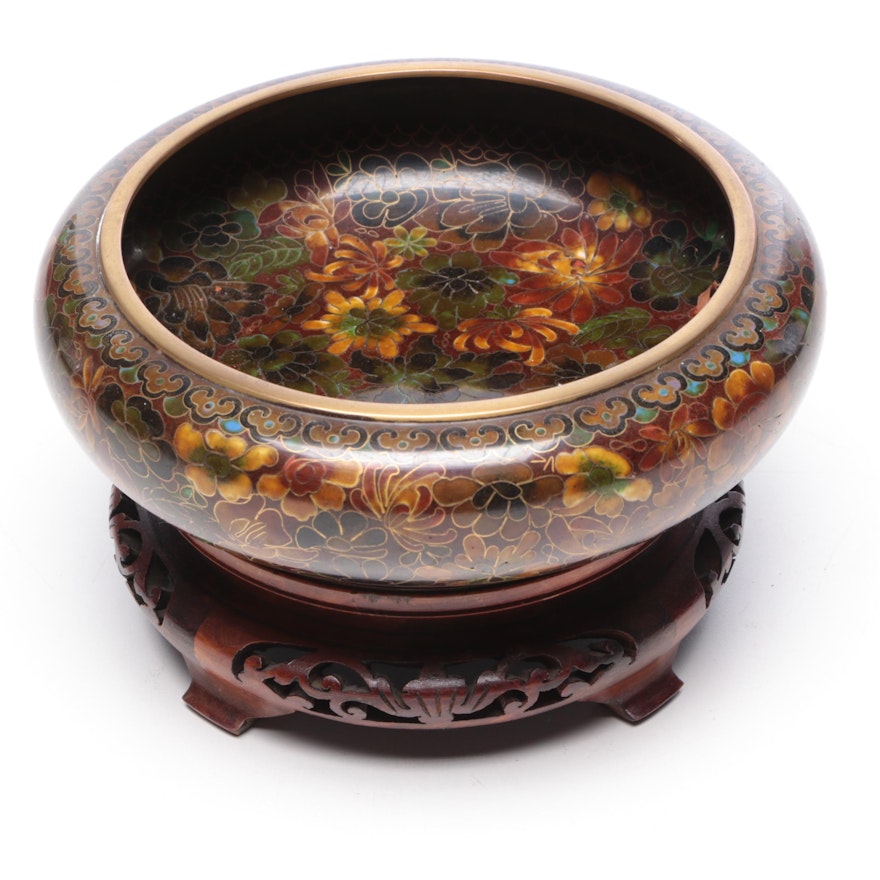 Chinese Cloisonné Brushwasher with Reticulated Wood Stand