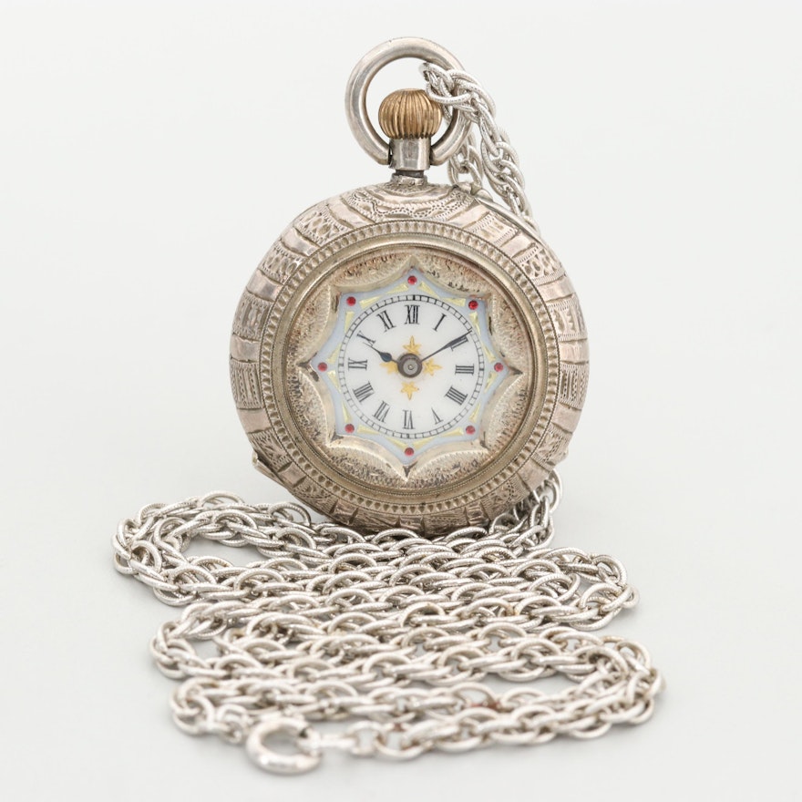 Antique Swiss Sterling Silver Open Face Pocket Watch