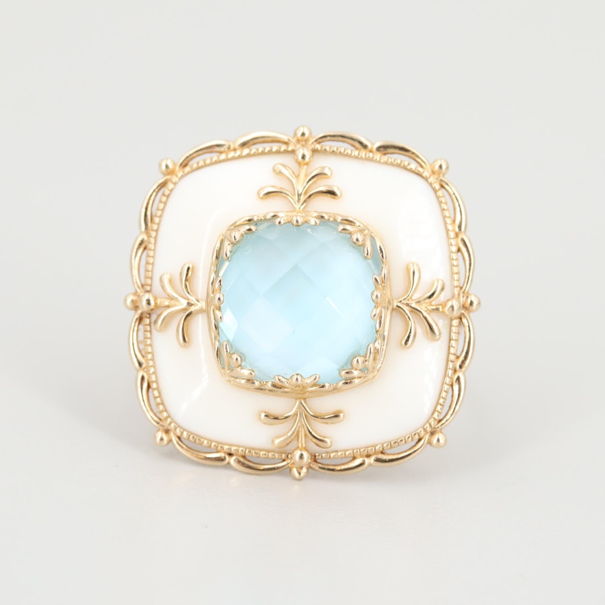 14K Yellow Gold Agate and Blue Topaz Ring