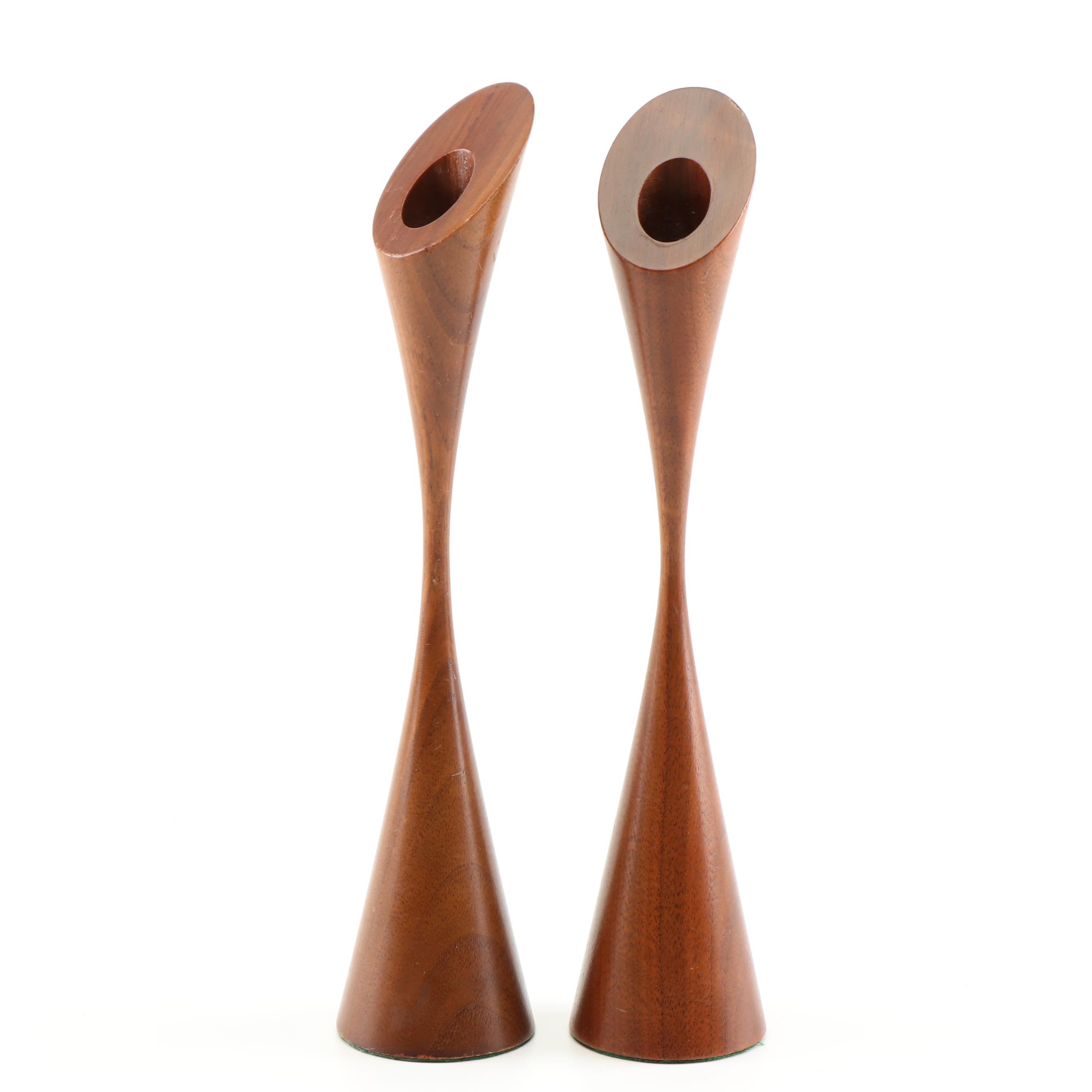 Teak Carved Feline Figurine and Danish Modern Turned Walnut Candlesticks