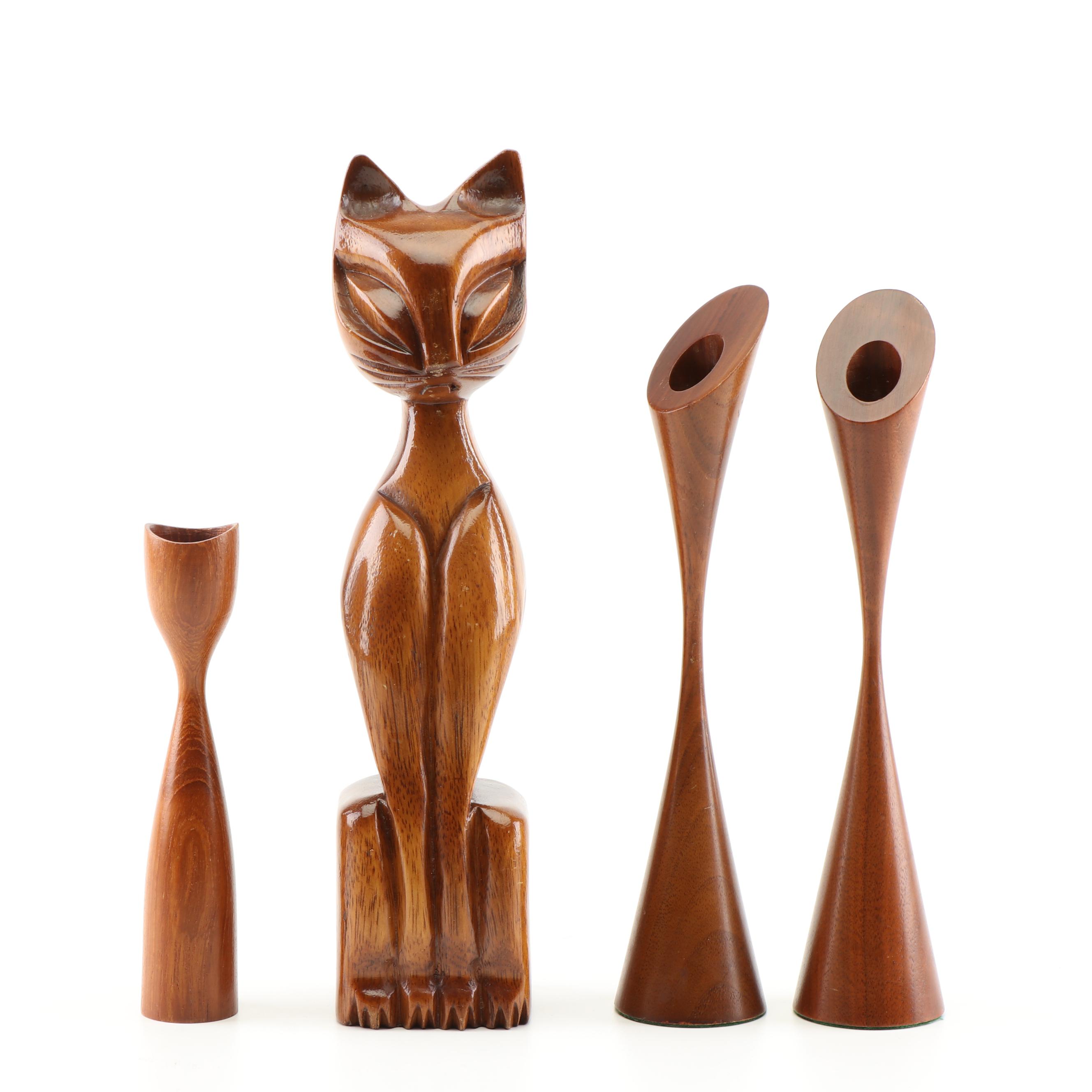 Teak Carved Feline Figurine and Danish Modern Turned Walnut Candlesticks