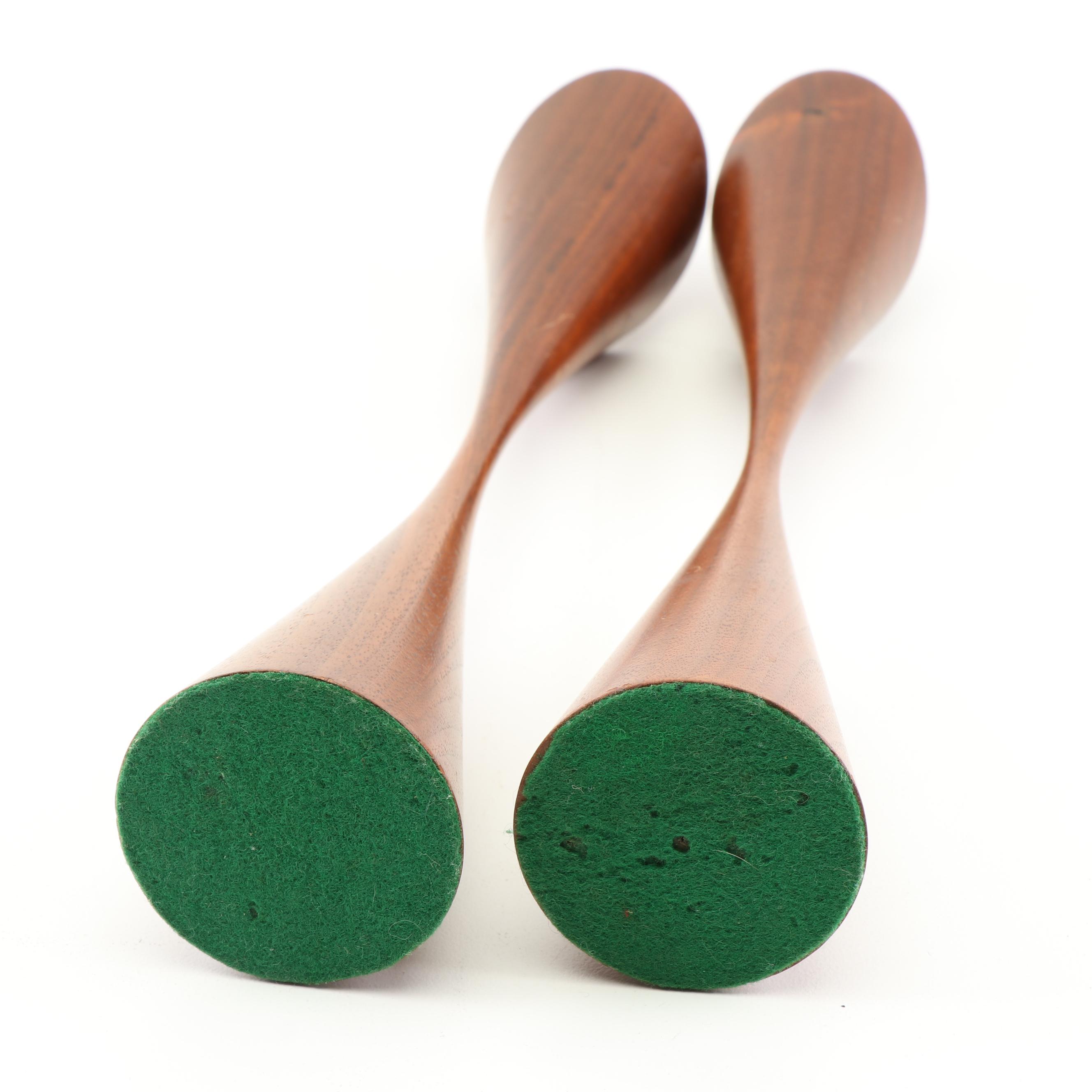 Teak Carved Feline Figurine and Danish Modern Turned Walnut Candlesticks