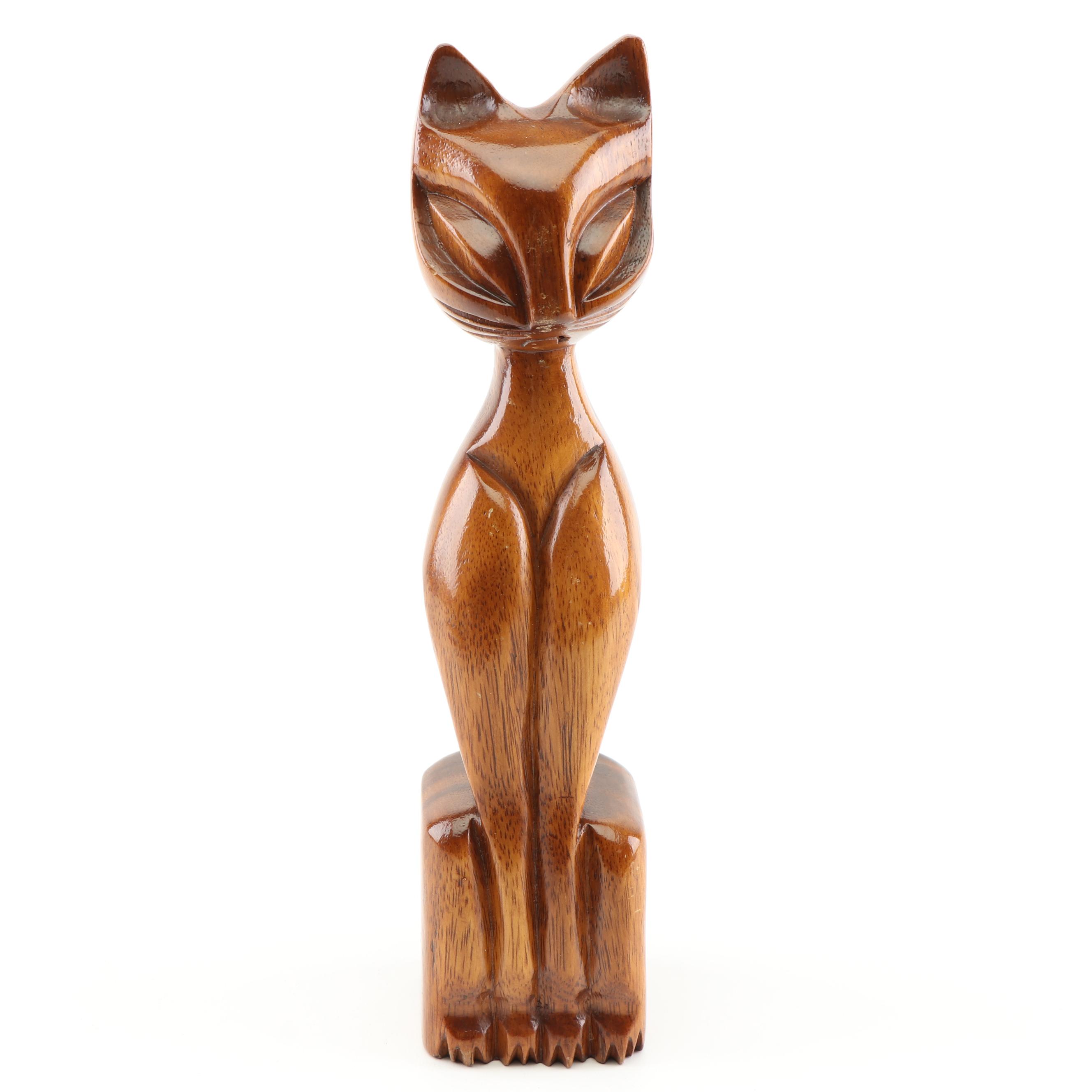 Teak Carved Feline Figurine and Danish Modern Turned Walnut Candlesticks