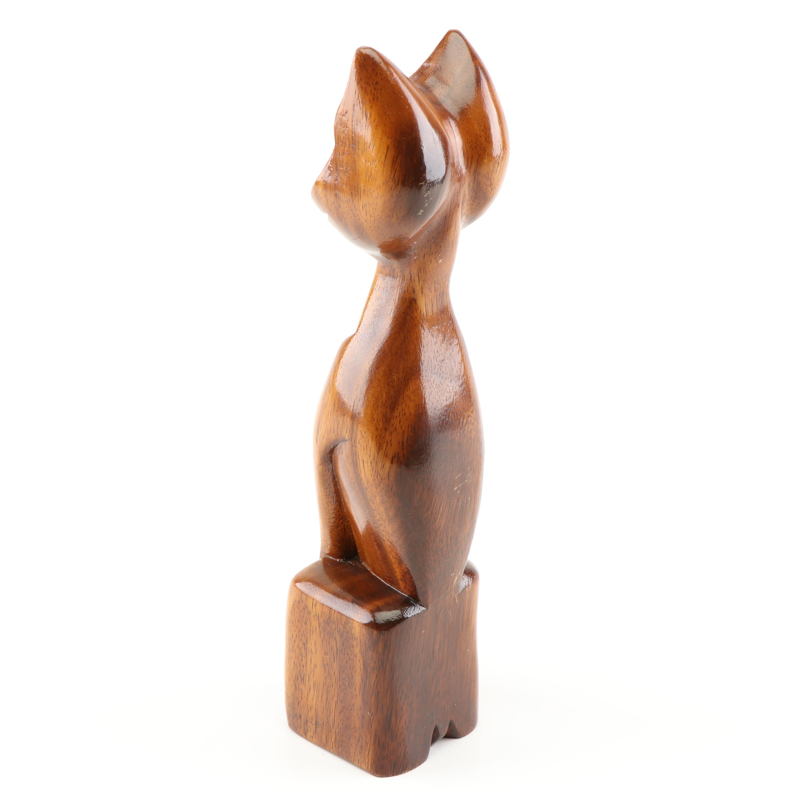 Teak Carved Feline Figurine and Danish Modern Turned Walnut Candlesticks