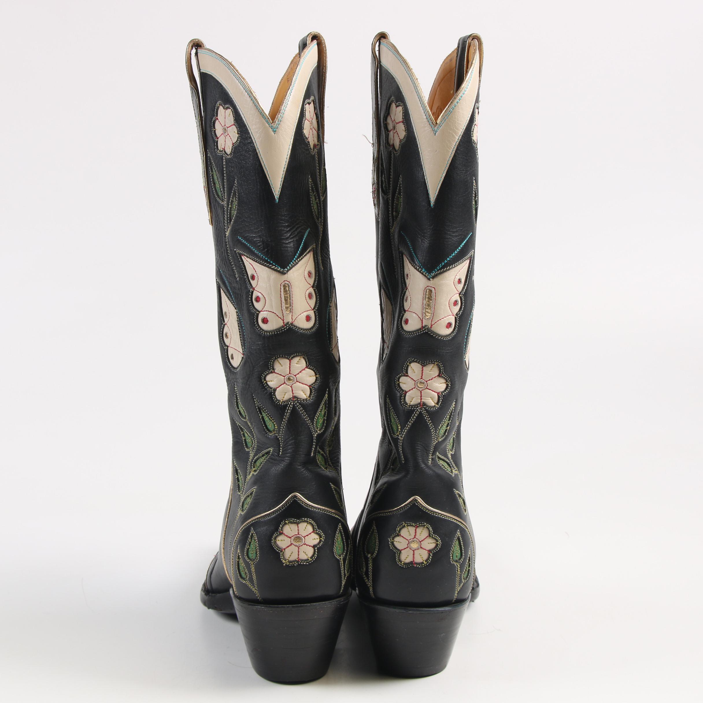 Custom Made Back At The Ranch Santa Fe Cowboy Boots with Butterflies and Florals