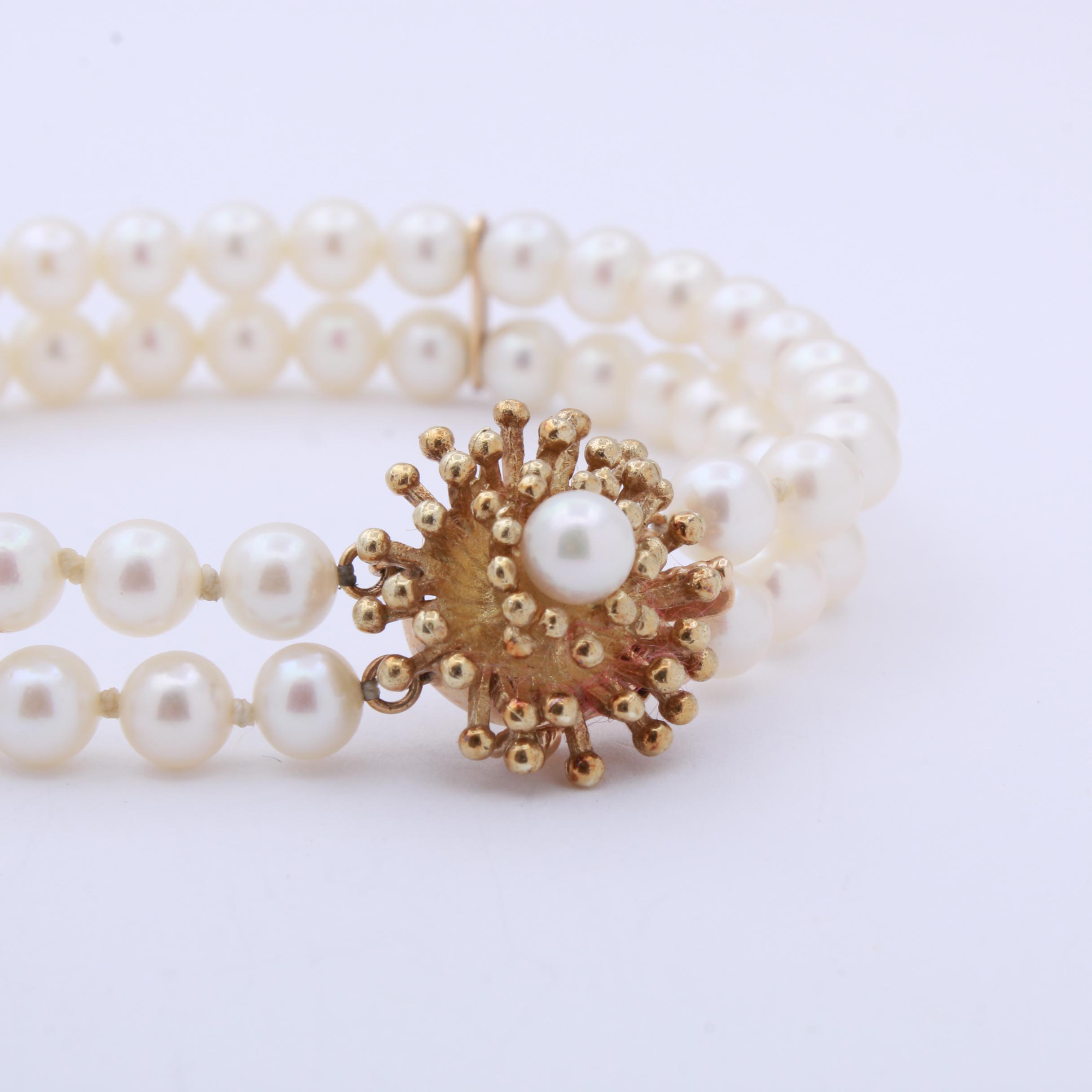 14K Yellow Gold Pearl Double-Strand Bracelet, Vintage