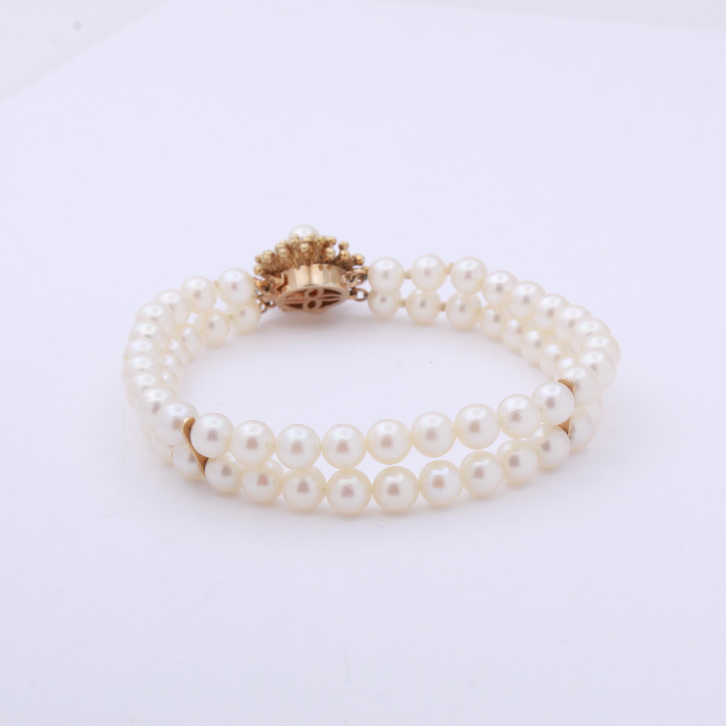 14K Yellow Gold Pearl Double-Strand Bracelet, Vintage