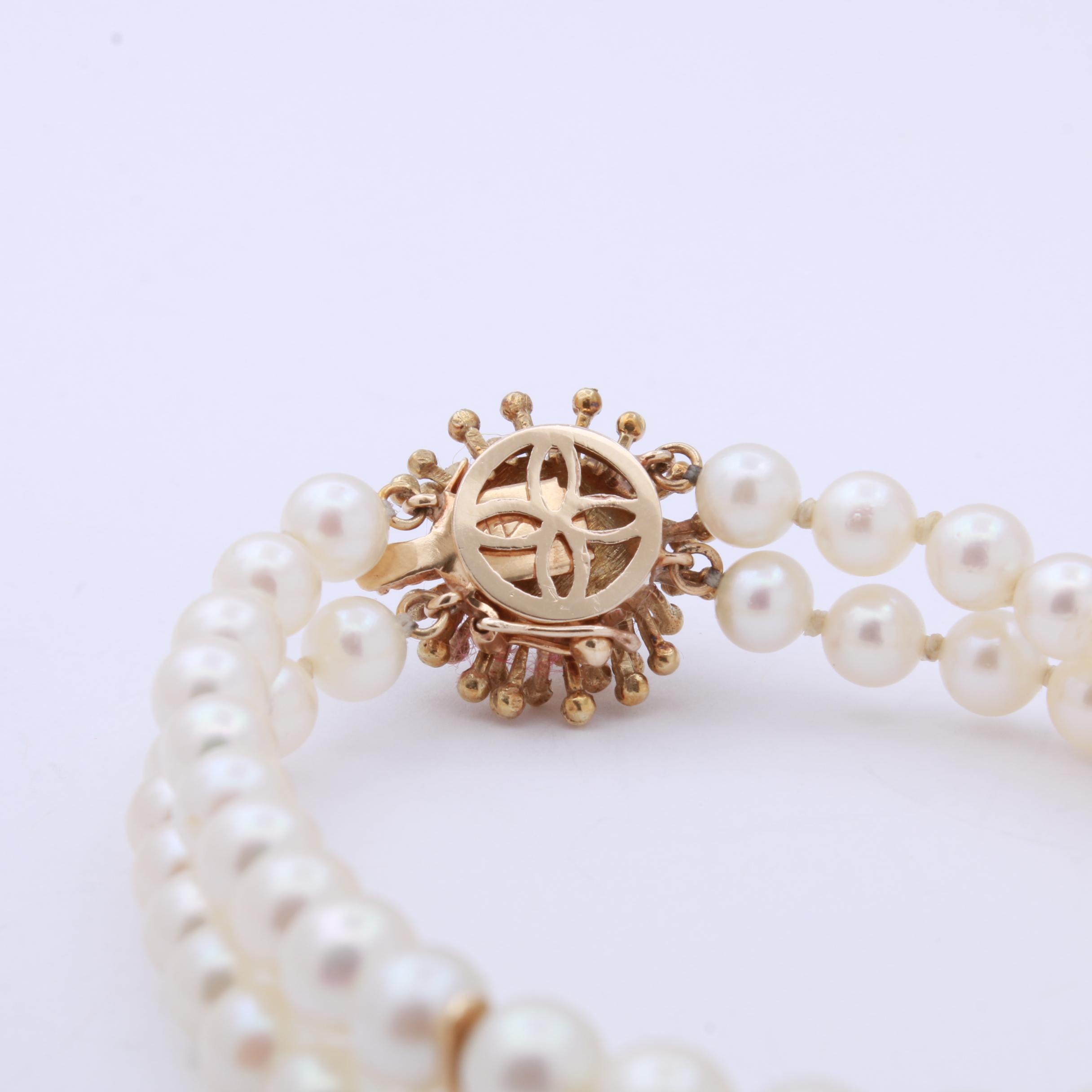14K Yellow Gold Pearl Double-Strand Bracelet, Vintage