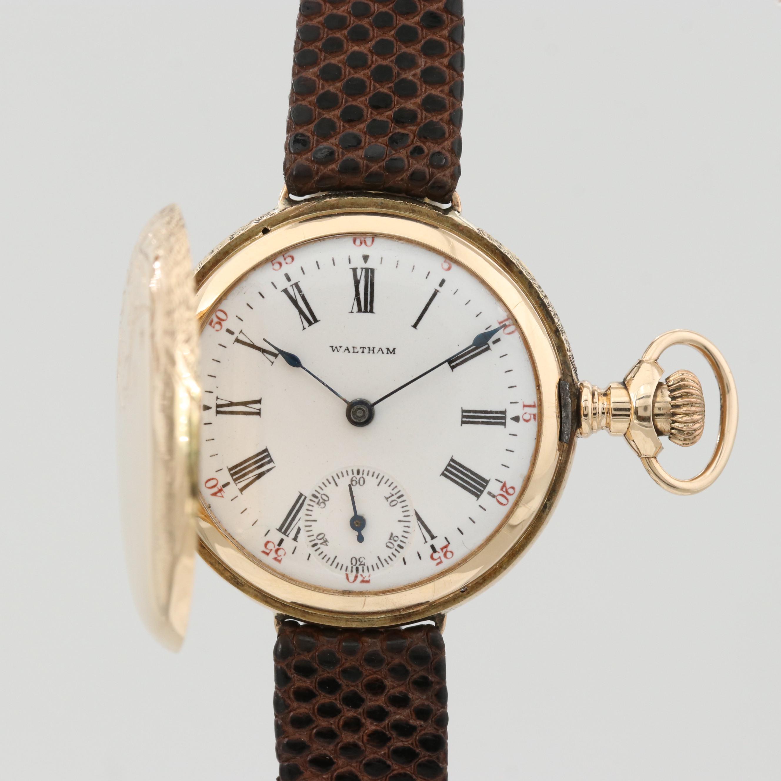 Antique Waltham Converted 14K Gold Hunter Case Pocket Watch Watch, 1902