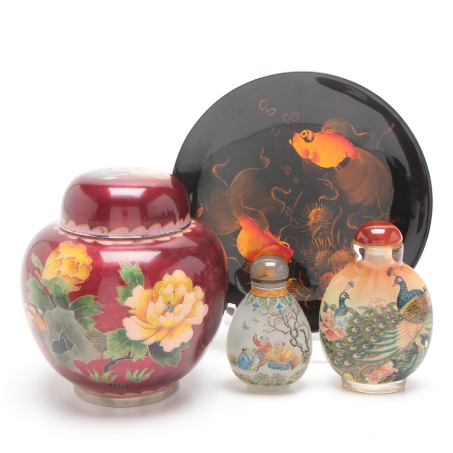 Chinese Cloisonné Ginger Jar, Glass Snuff Bottles and Decorative Plate