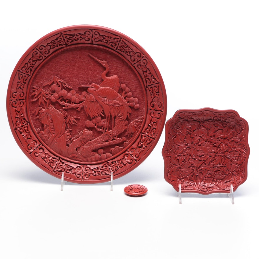 Chinese Cinnabar Style Trays and Bead