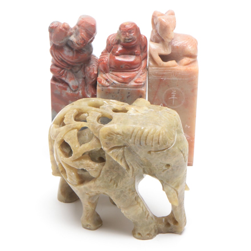 Carved Soapstone Chinese Seals and Elephant Figurine