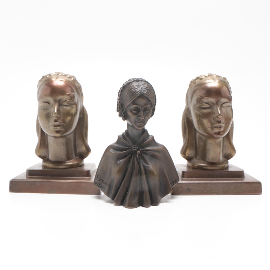 Frankart Bronze Bust Bookends with Jerome L. Cox "Florence Nightingale" Bust