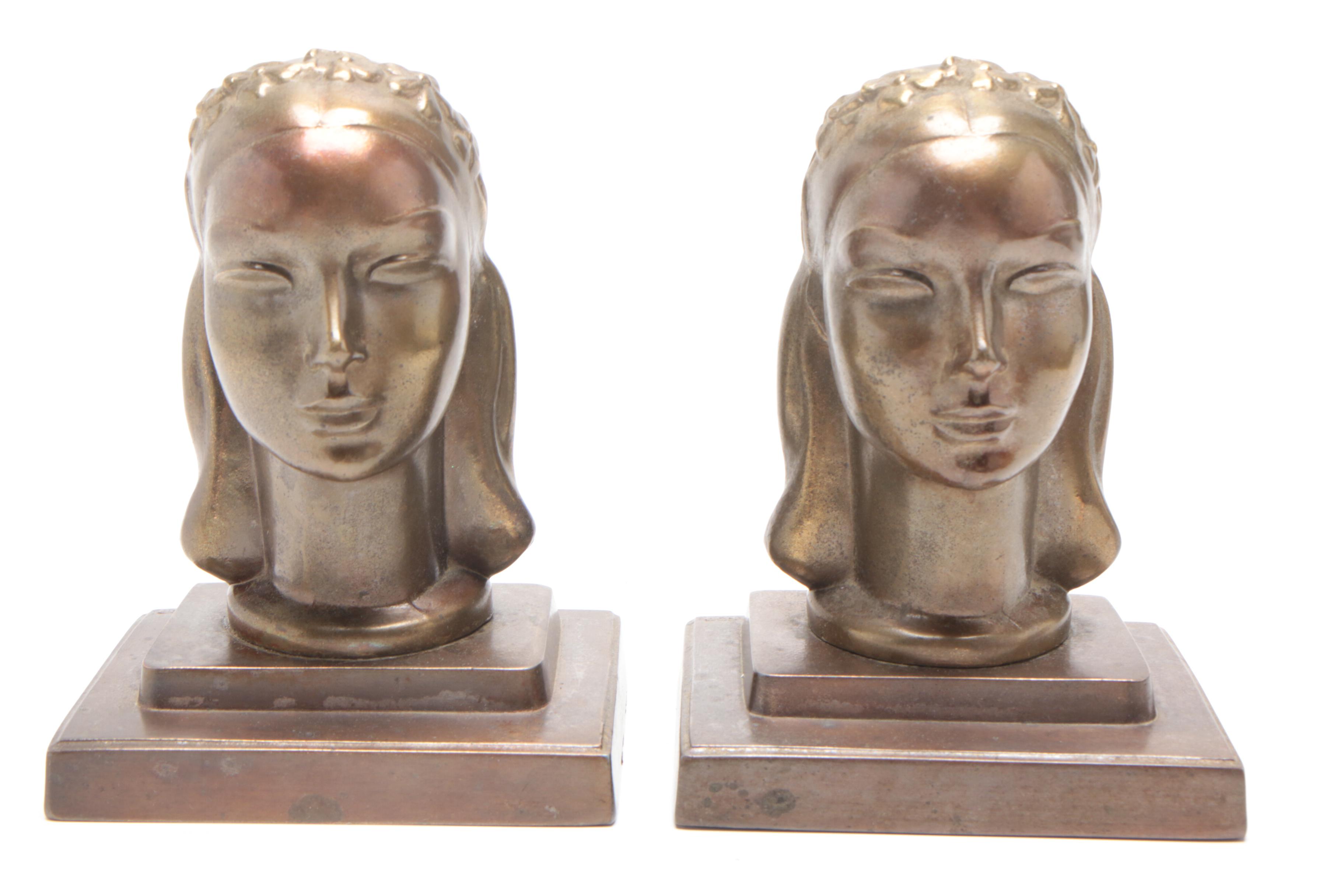Frankart Bronze Bust Bookends with Jerome L. Cox "Florence Nightingale" Bust