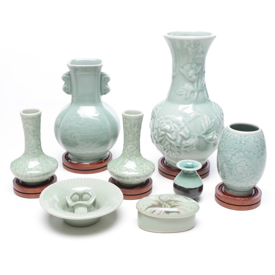 Chinese and Thai Celadon Ceramic Vases, Trinket Box and More