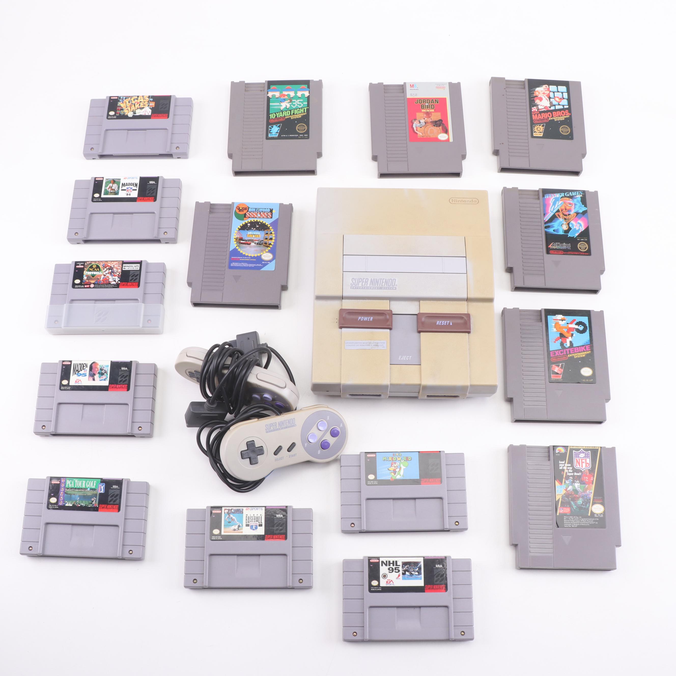 Super Nintendo Gaming Console Model SNS-001 and Game Cartridges